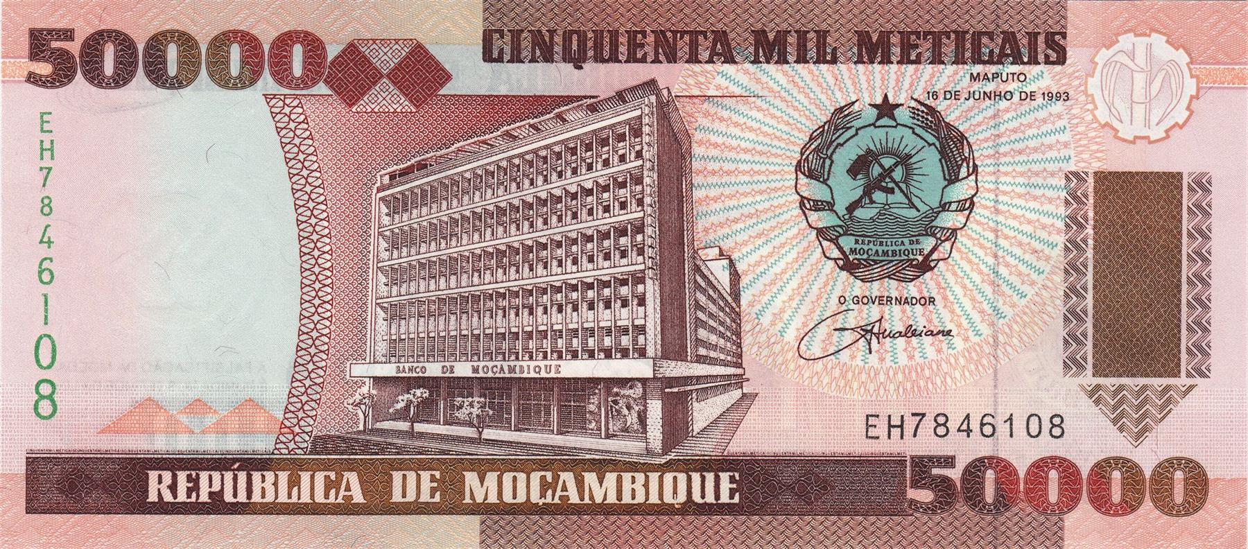 Mozambique | 50 000 Meticais Banknote | 1993 | Bank of Mozambique | Mountains | Dam