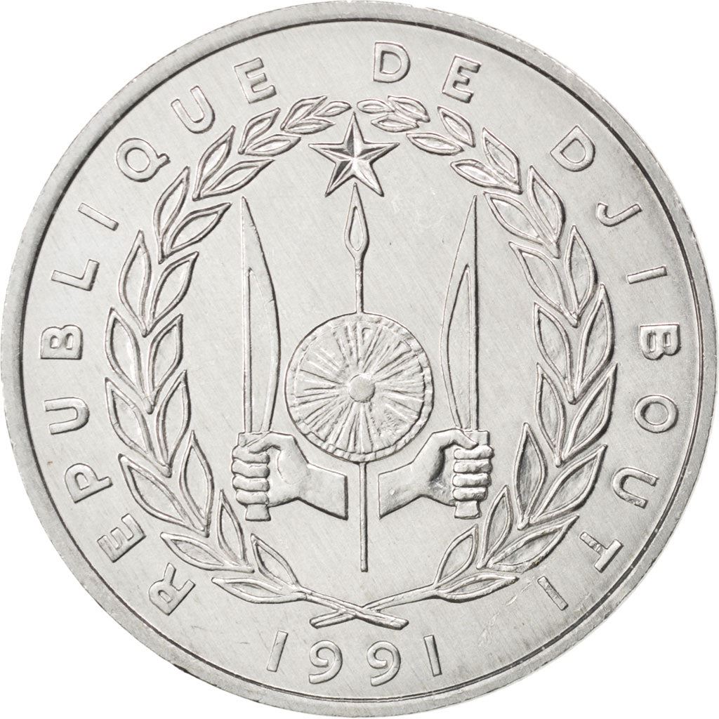 Djibouti | 5 Francs Coin | Knife | Spear | Shield | Waterbuck | Km:22 | 1977 - 1999