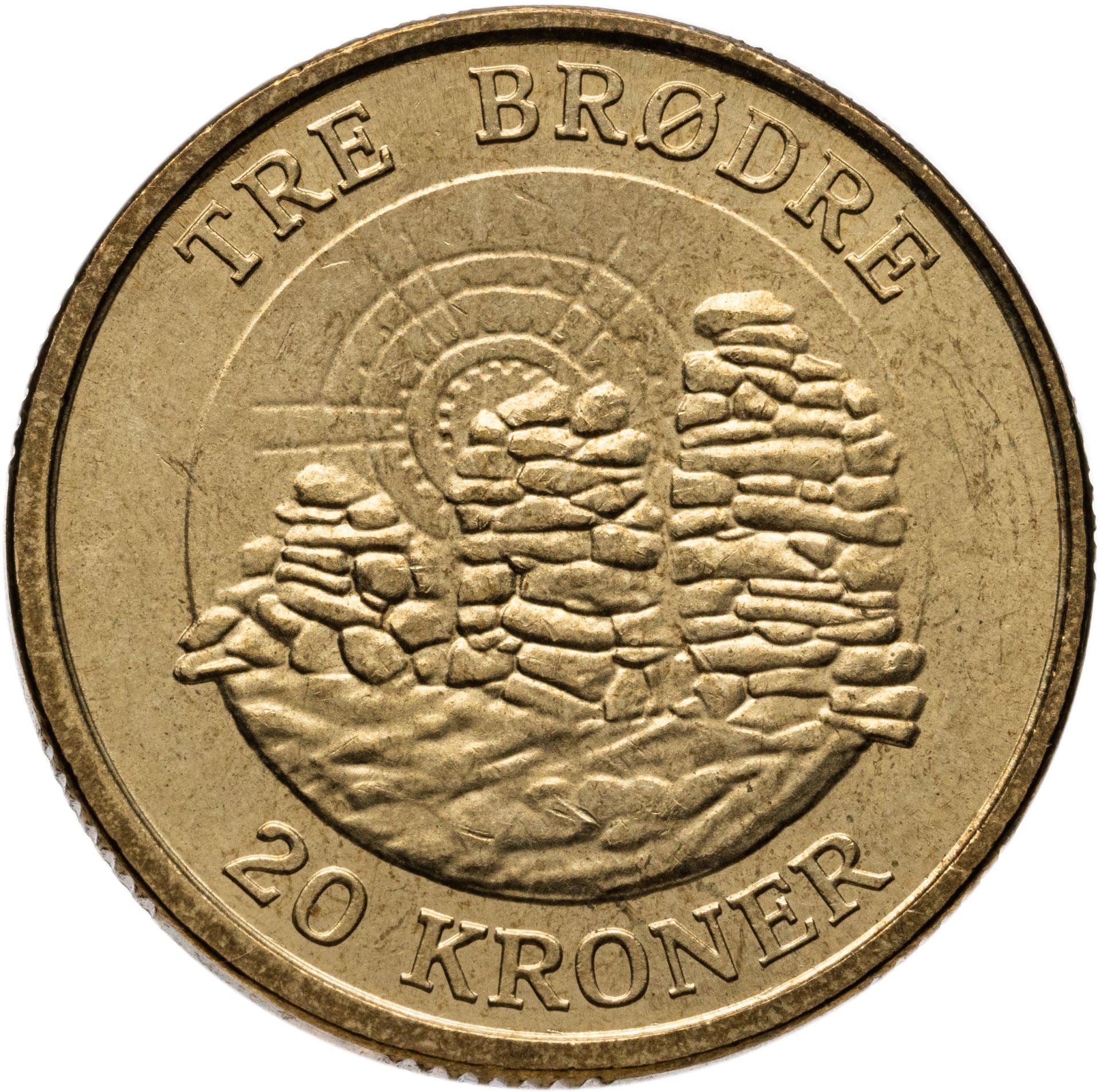 Danish | 20 Kroner Coin | Queen Margrethe II | Tre BrOdre | Cairns | KM913 | Denmark | 2006