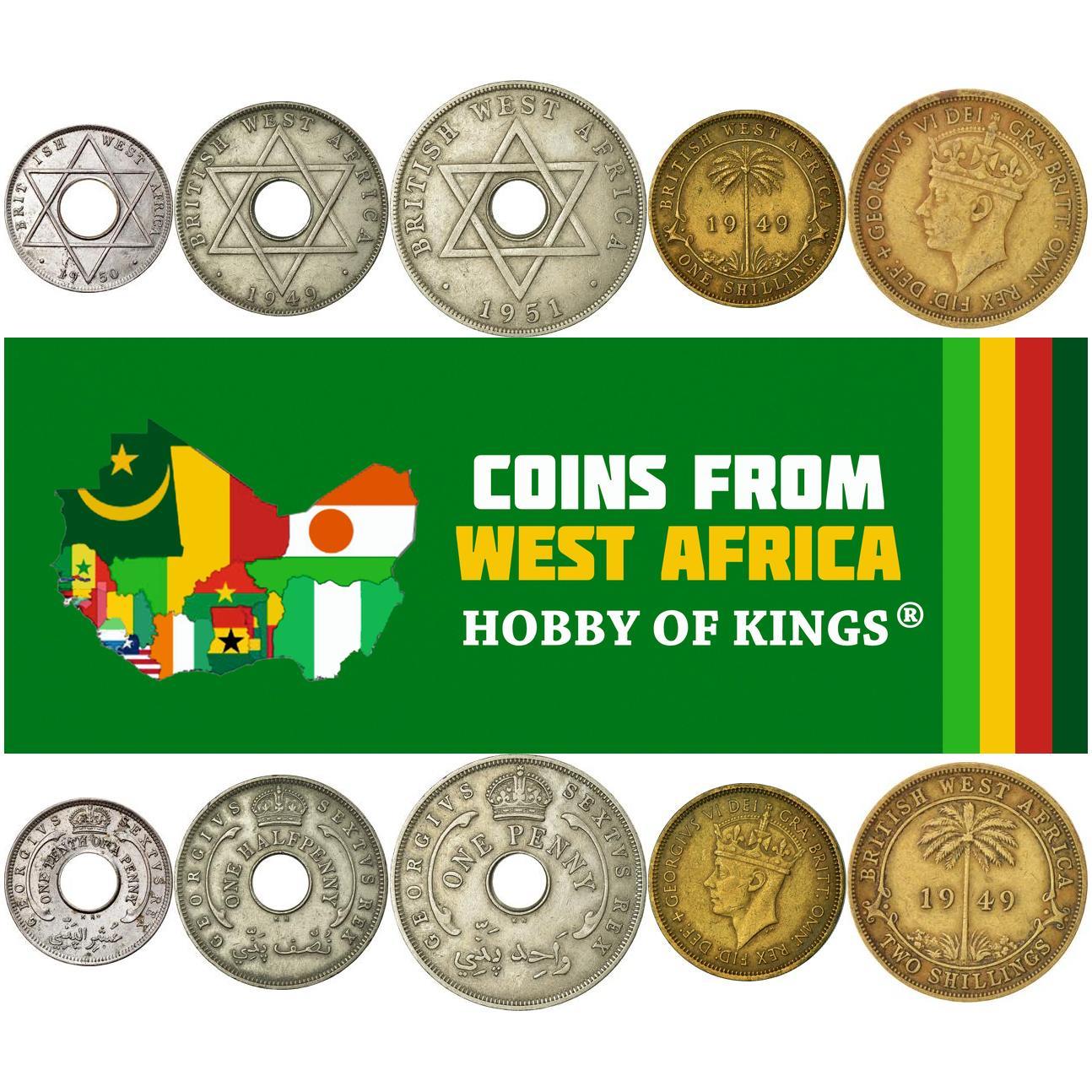 British West Africa | 5 Coin Set | 1/10 1/2 1 Penny 1 Shilling 2 Shillings | 1949 - 1952