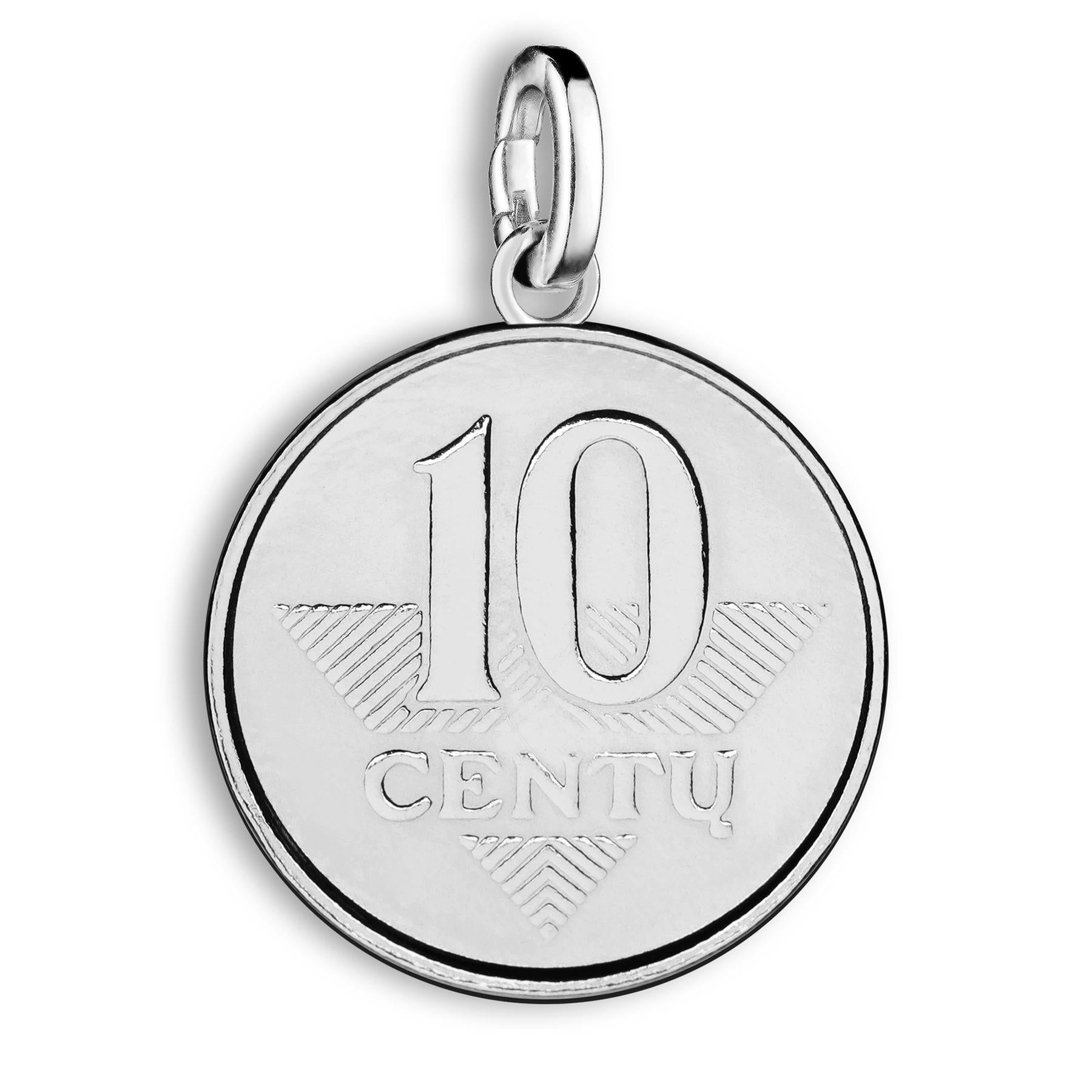 Lithuanian 10 centų Coin Charm | 925 Sterling Silver Rhodium Plated | 1998 - 2014