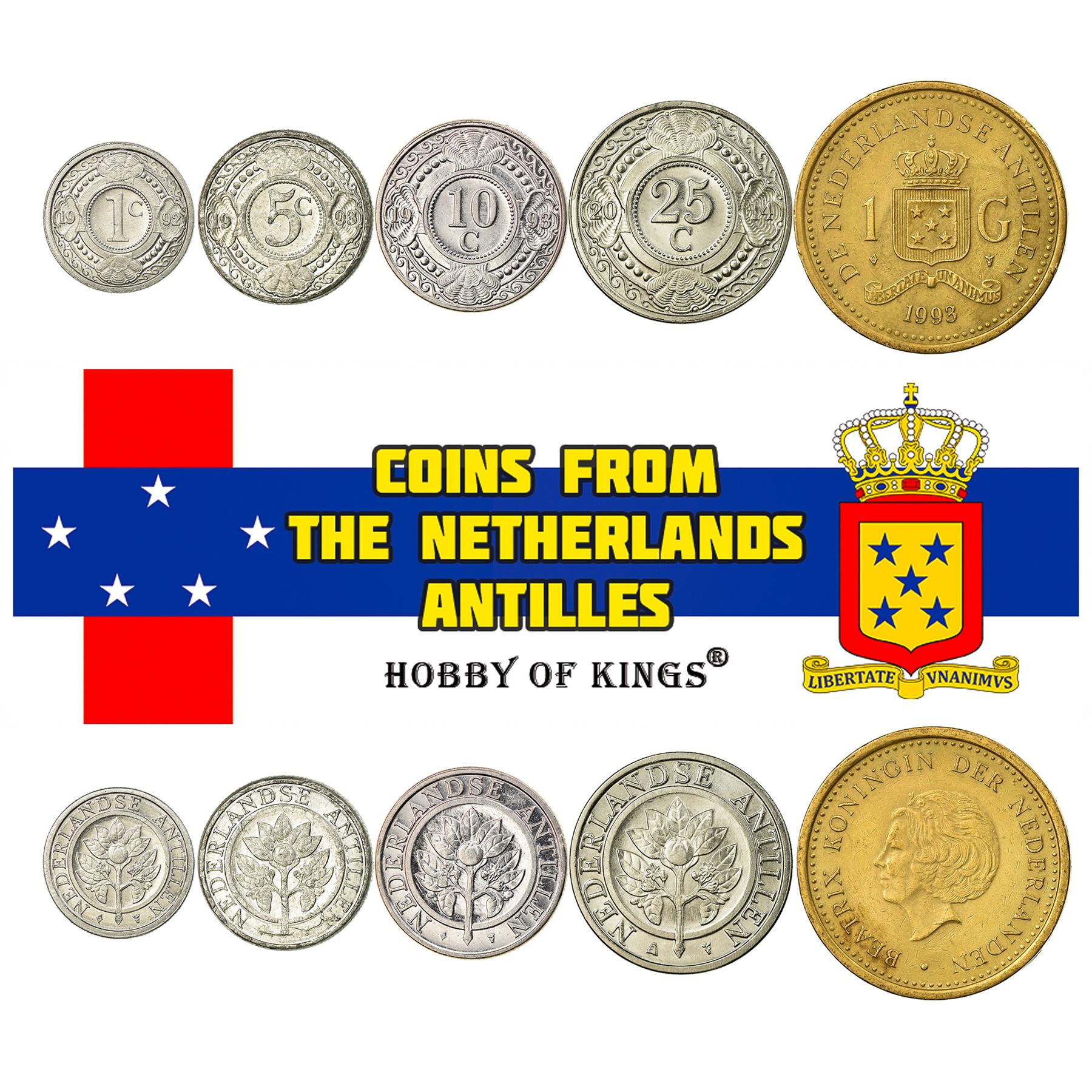 5 Coins From Netherlands Antilles 1952-2013 1 Cent - 1 Gulden Caribbean Coins