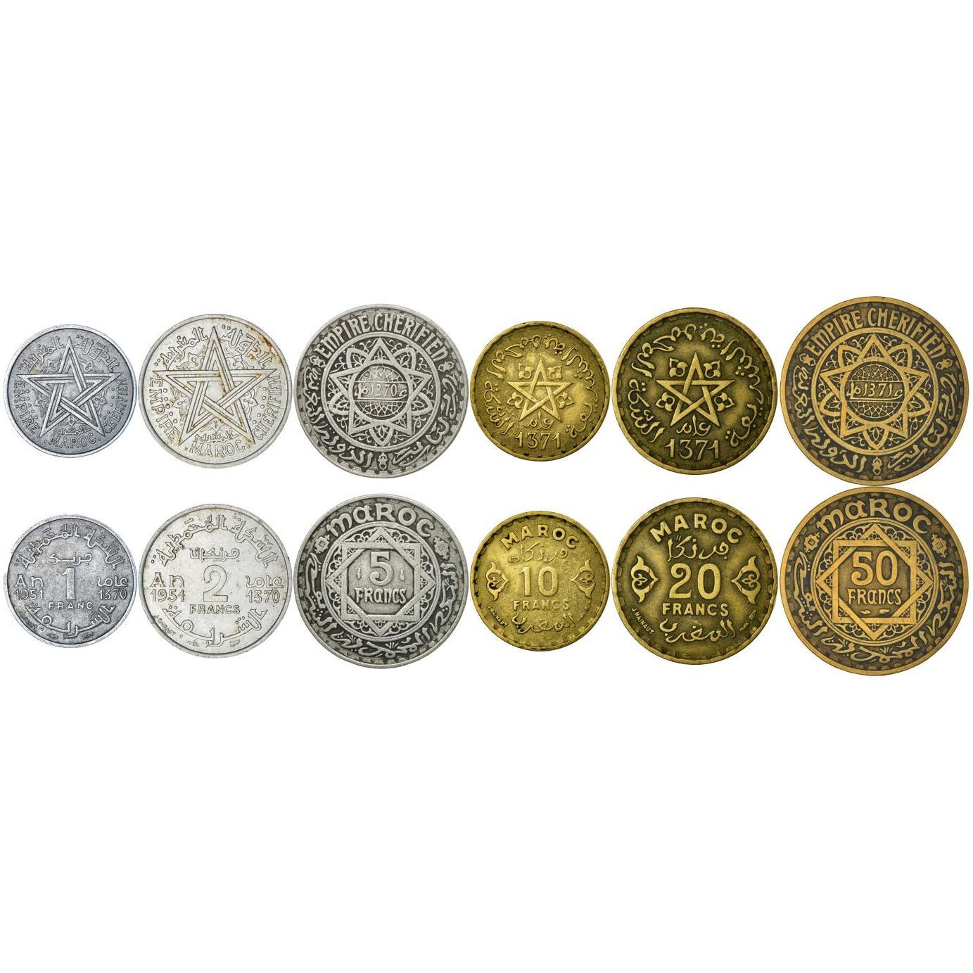 Set 6 Coins Morocco 1 2 5 10 20 50 Francs 1951 - 1952