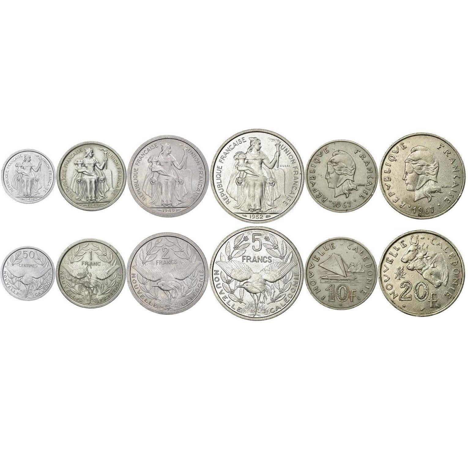 New Caledonia | 6 Coin Set | 50 Centimes 1 Franc 2 5 10 20 Francs | Liberty | Kagu Bird | Marianne | Sailing Boat | Ox Heads | 1949 - 1970