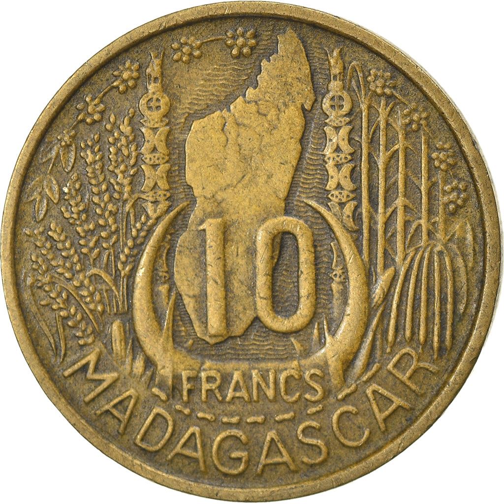 Madagascar | 10 Francs Coin | Marianne | Cargo Ship | Map | Horns | Km:6 | 1953