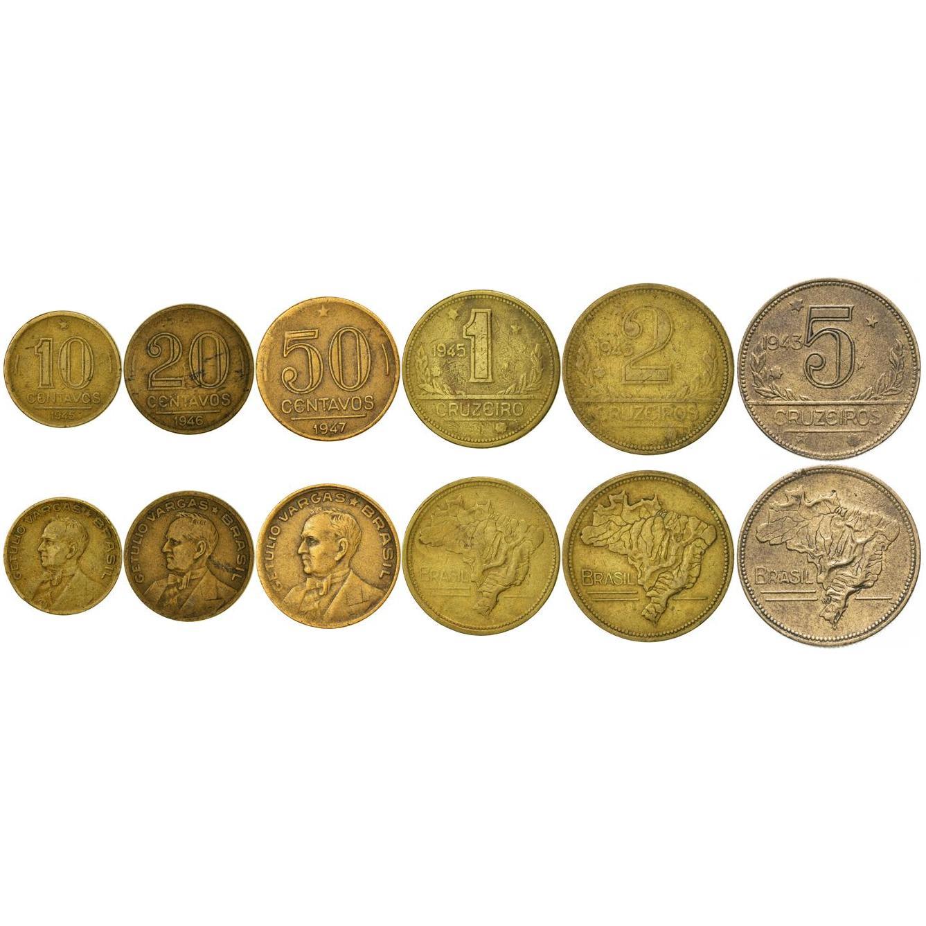 Brasil | Conjunto de 6 Moedas | 10 20 50 Centavos 1 Cruzeiro 2 5 Cruzeiros | 1942 - 1956