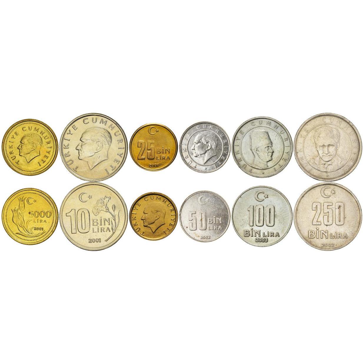 Turkey | 6 Coin Set | 5000 10 000 25 000 50 000 100 000 250 000 Lira | 2001 - 2004