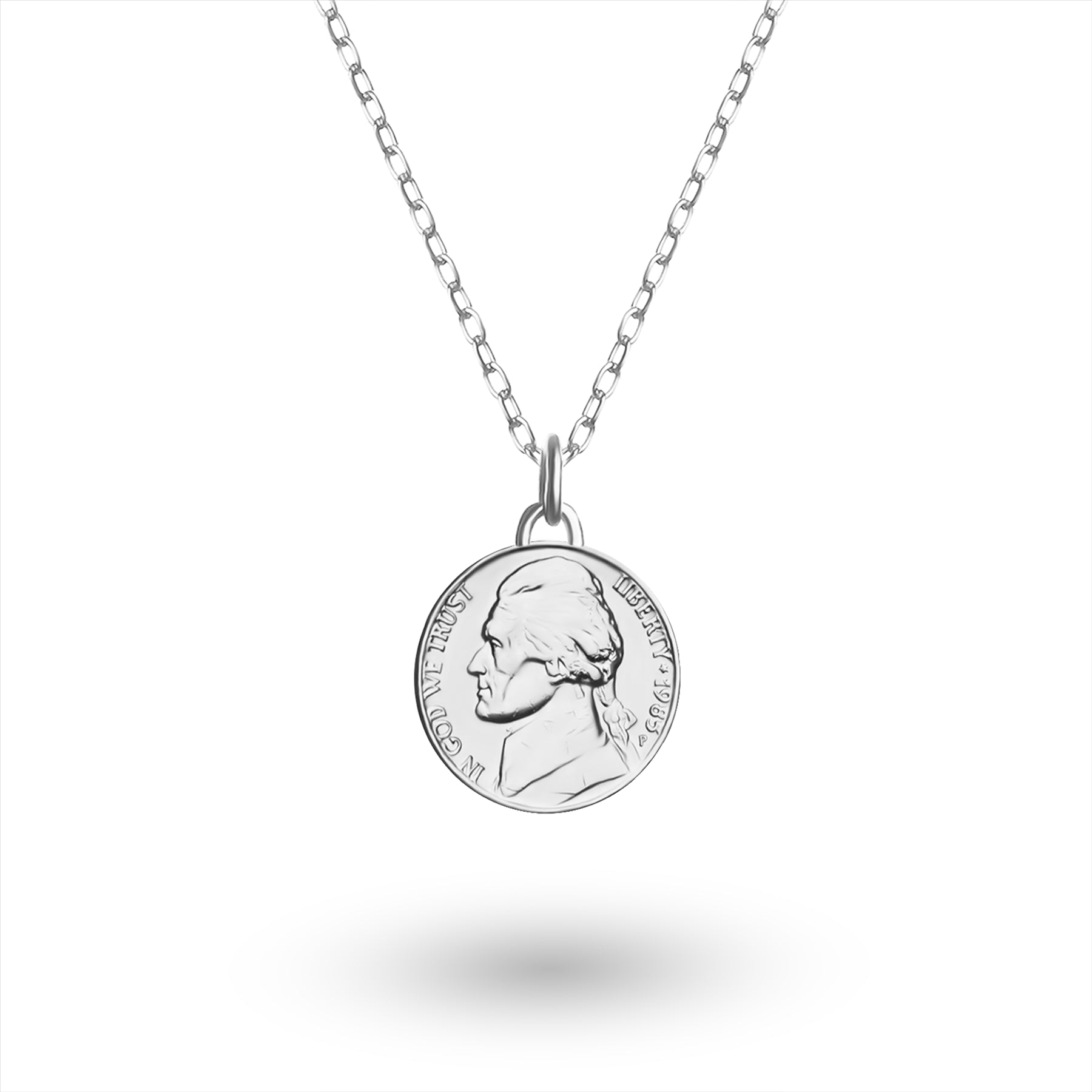 US Coin Necklace | Medallion Pendant Jewelry | Rhodium Plated United States of America 5 Cents | T. Jefferson | 2002