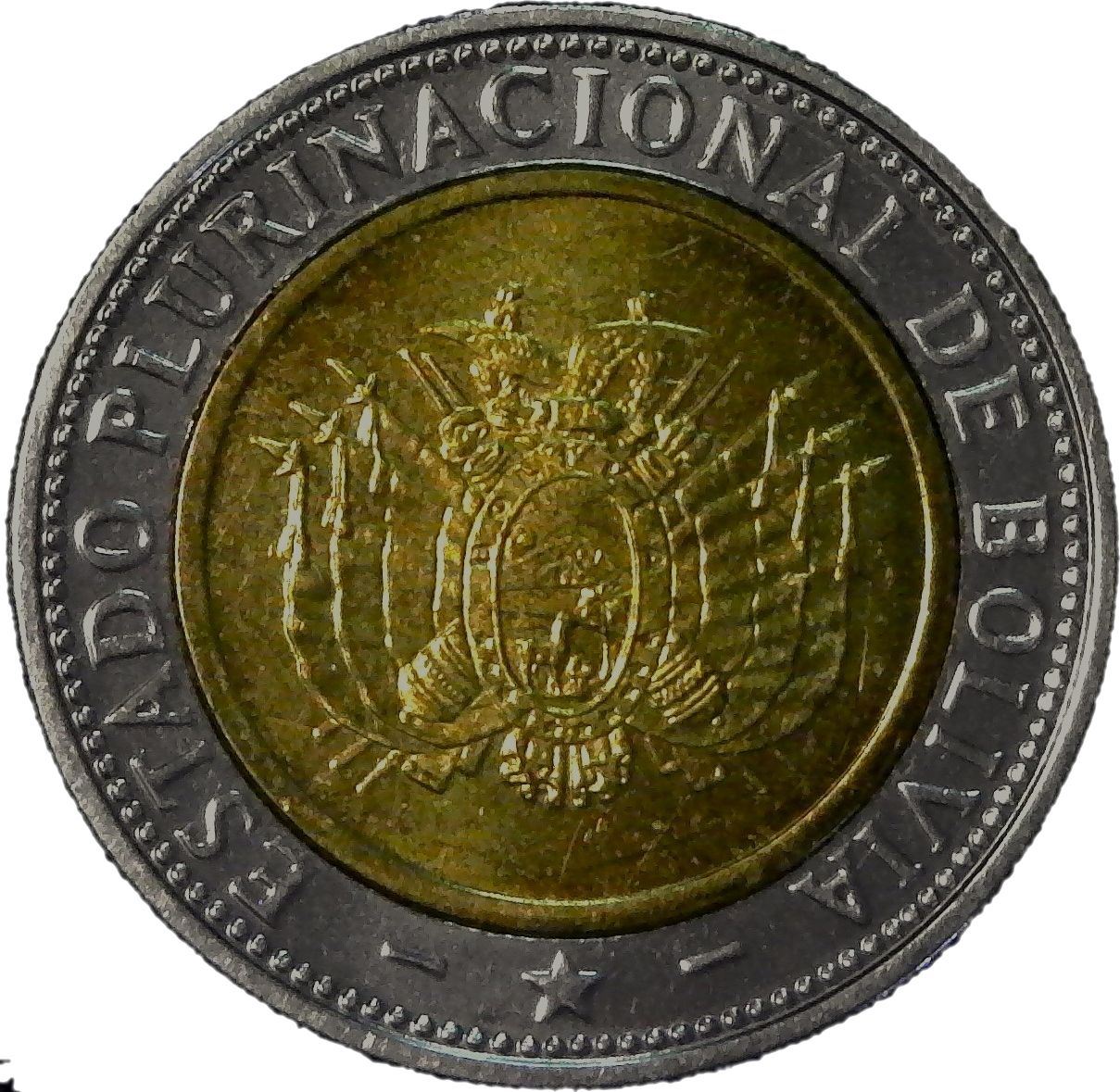 Bolivia | 5 boliviano-mønt | Bimetallisk | Fugl | Flag | Våbenskjold | Skydevåben | KM:224 | 2017