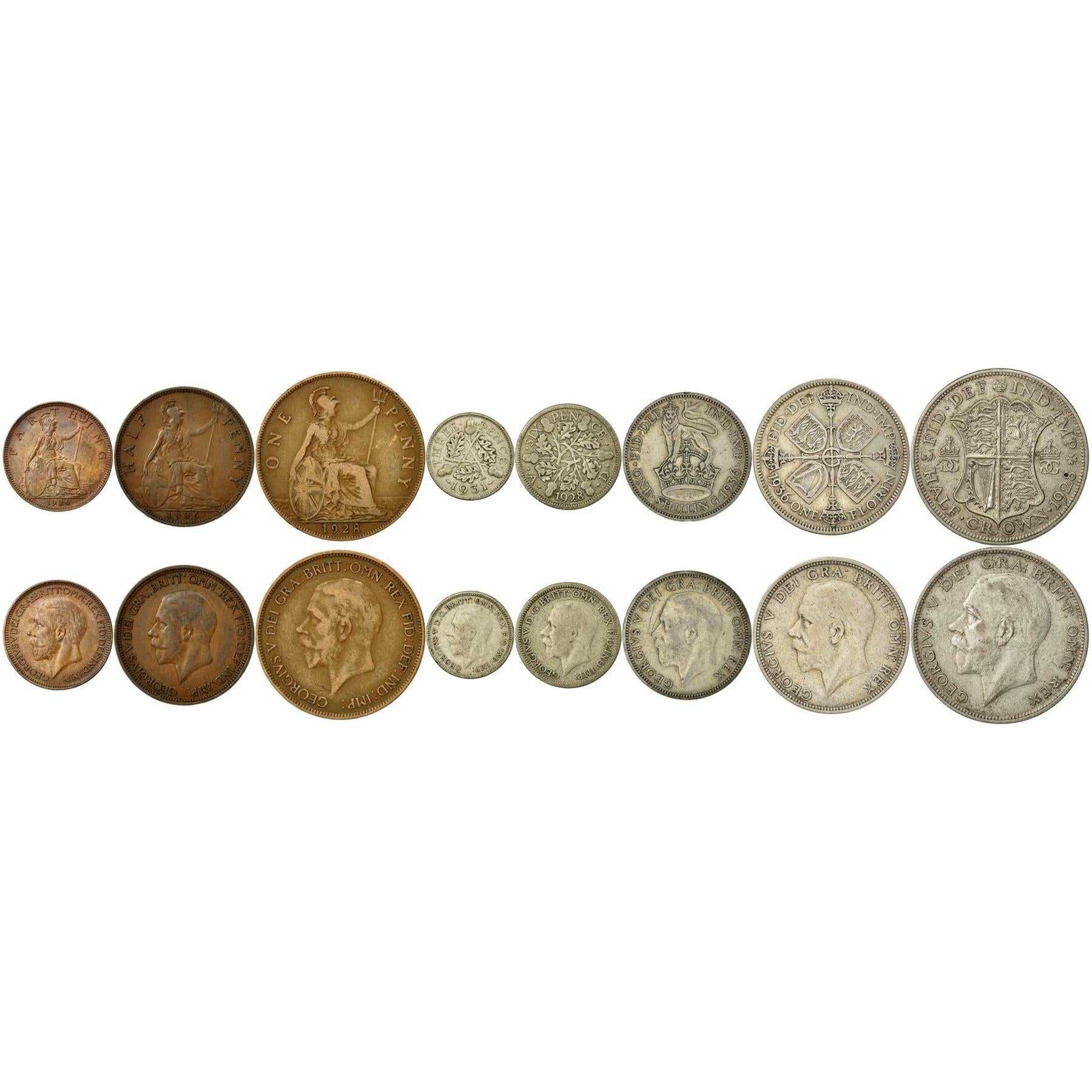United Kingdom | 8 Coin Set | 1 Farthing 1/2 1 Penny 3 6 Pence 1 Shilling 1 Florin 1/2 Crown | 1926 - 1936