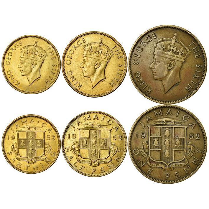 Jamaica | 3 Coin Set | 1 Farthing 1/2 1 Penny | King George VI | 1950 - 1952