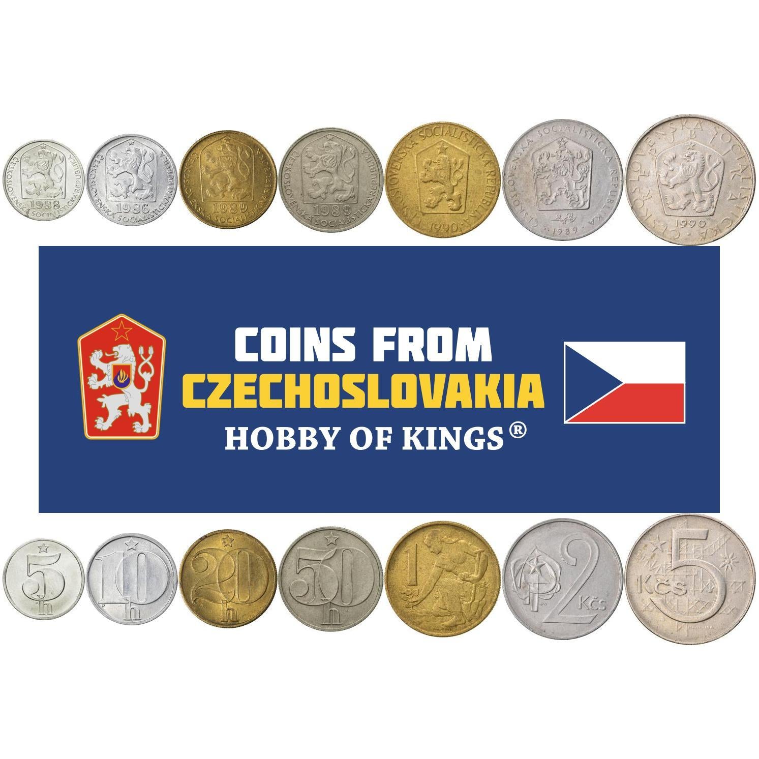 Czechoslovakia | 7 Coin Set | 5 10 20 50 Hellers 1 2 Koruna 5 Korun | Czechoslovak Lion | Linden Sprig | Planter | Hammer and Sickle | Construction | 1972 - 1990