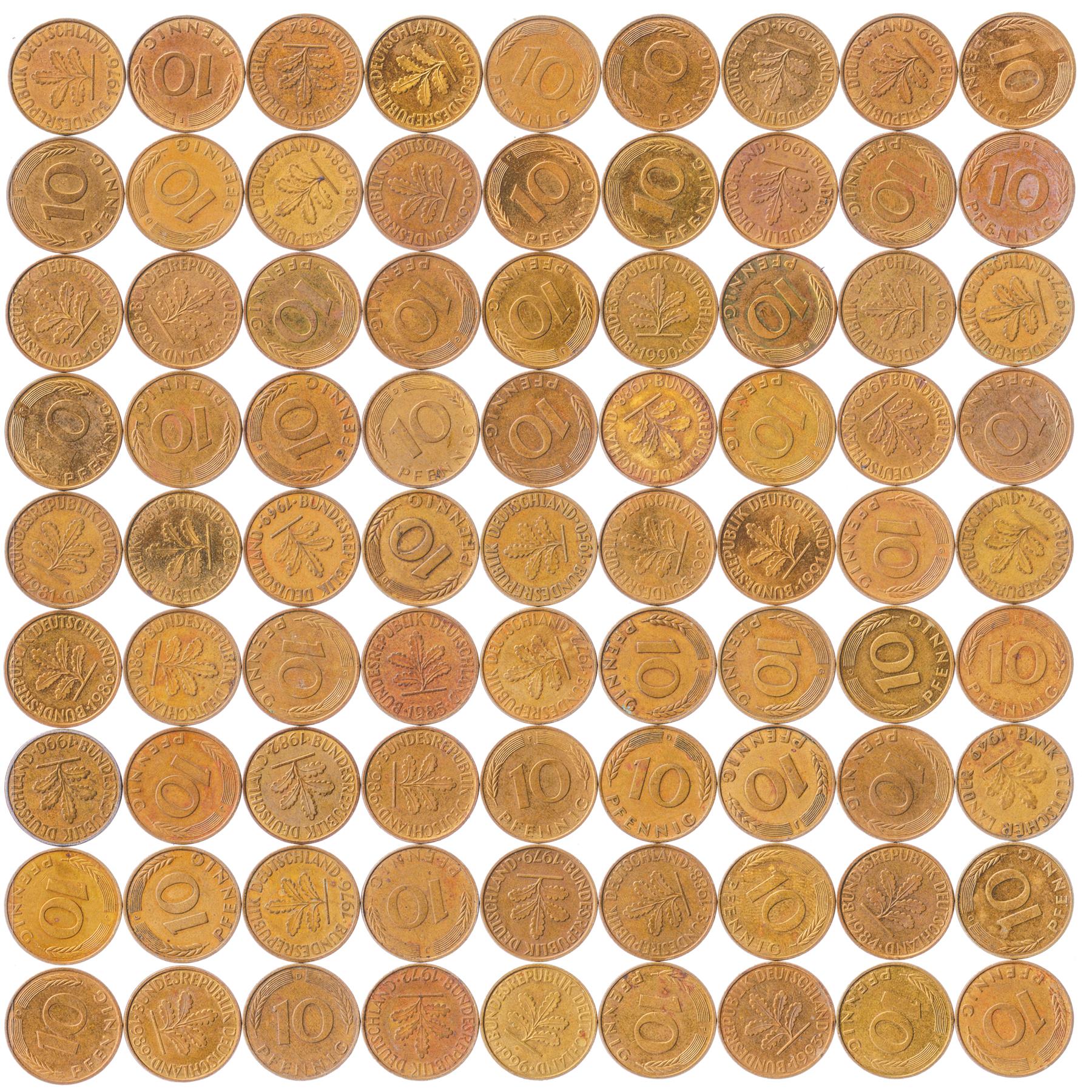 Westdeutschland 10 Pfennig | 100 Münzen | Bundesrepublik Deutschland | KM108 | 1950 - 2001
