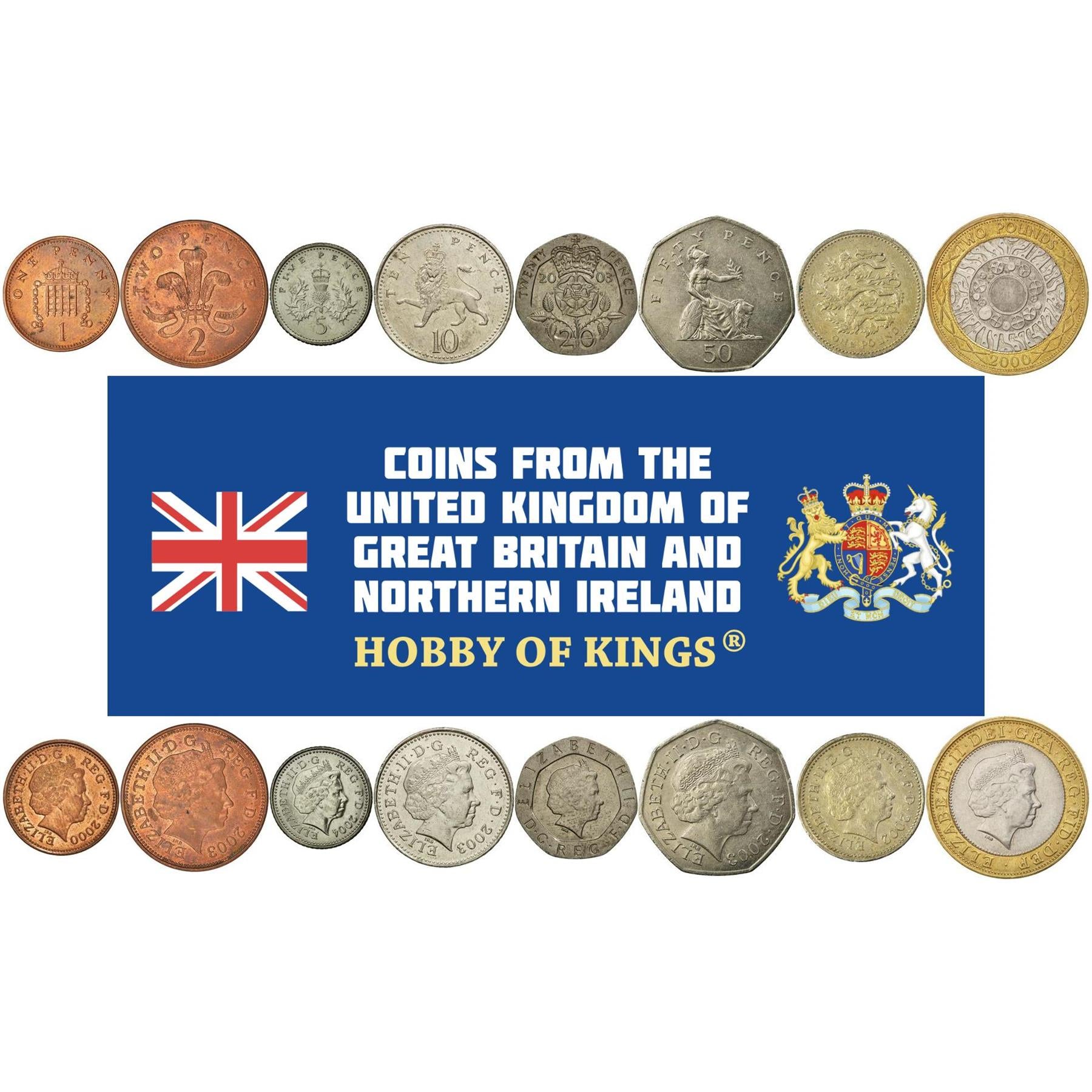 United Kingdom | 8 Coin Set | 1 Penny 2 5 10 20 50 Pence 1 Pound 2 Pounds | 1998 - 2008