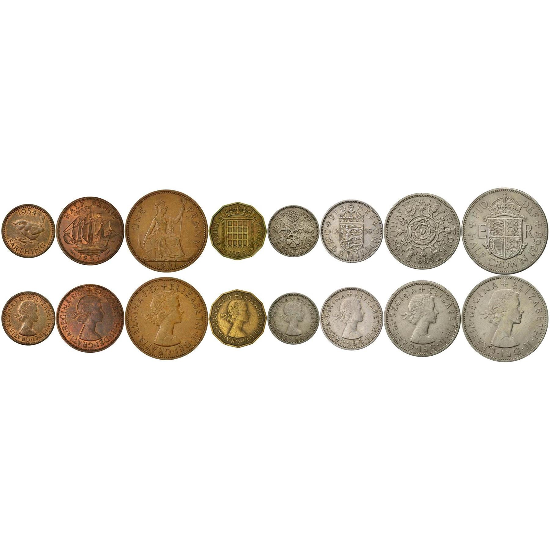 United Kingdom | 8 Coin Set | 1 Farthing 1/2 1 Penny 3 6 Pence 1 Shilling 2 Shillings 1/2 Crown | 1954 - 1970