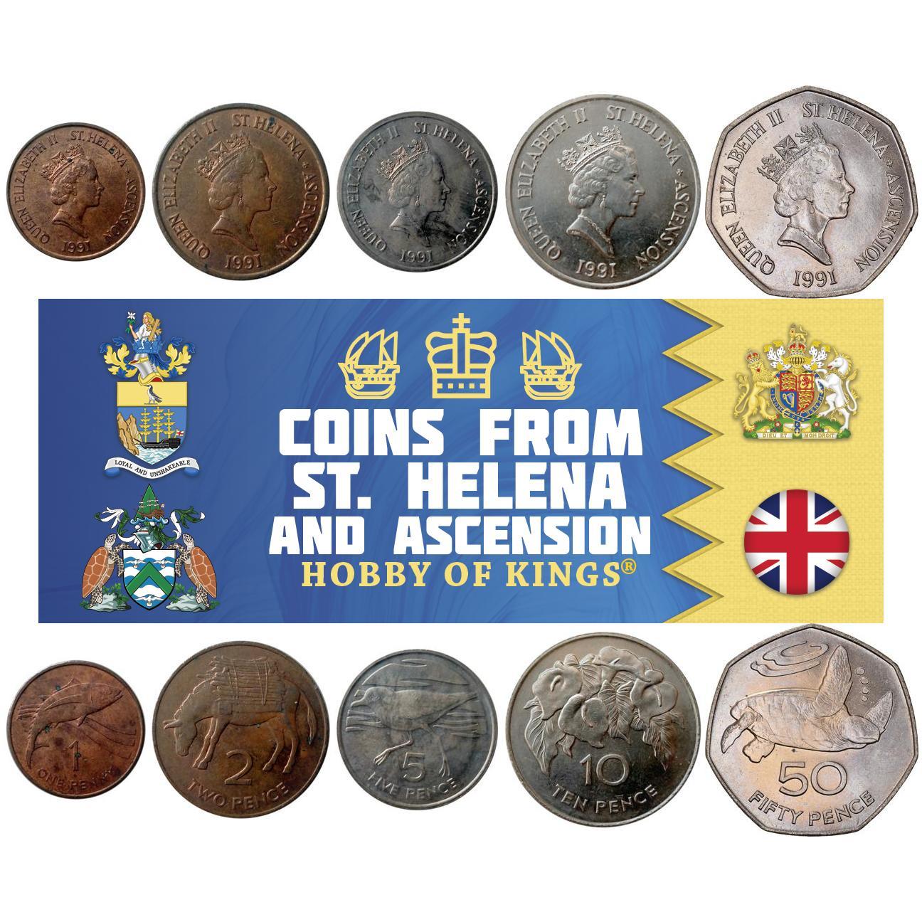 סנט הלנה ואסנשן | סט של 5 מטבעות | 1 פני 2 5 10 50 פני | 1991