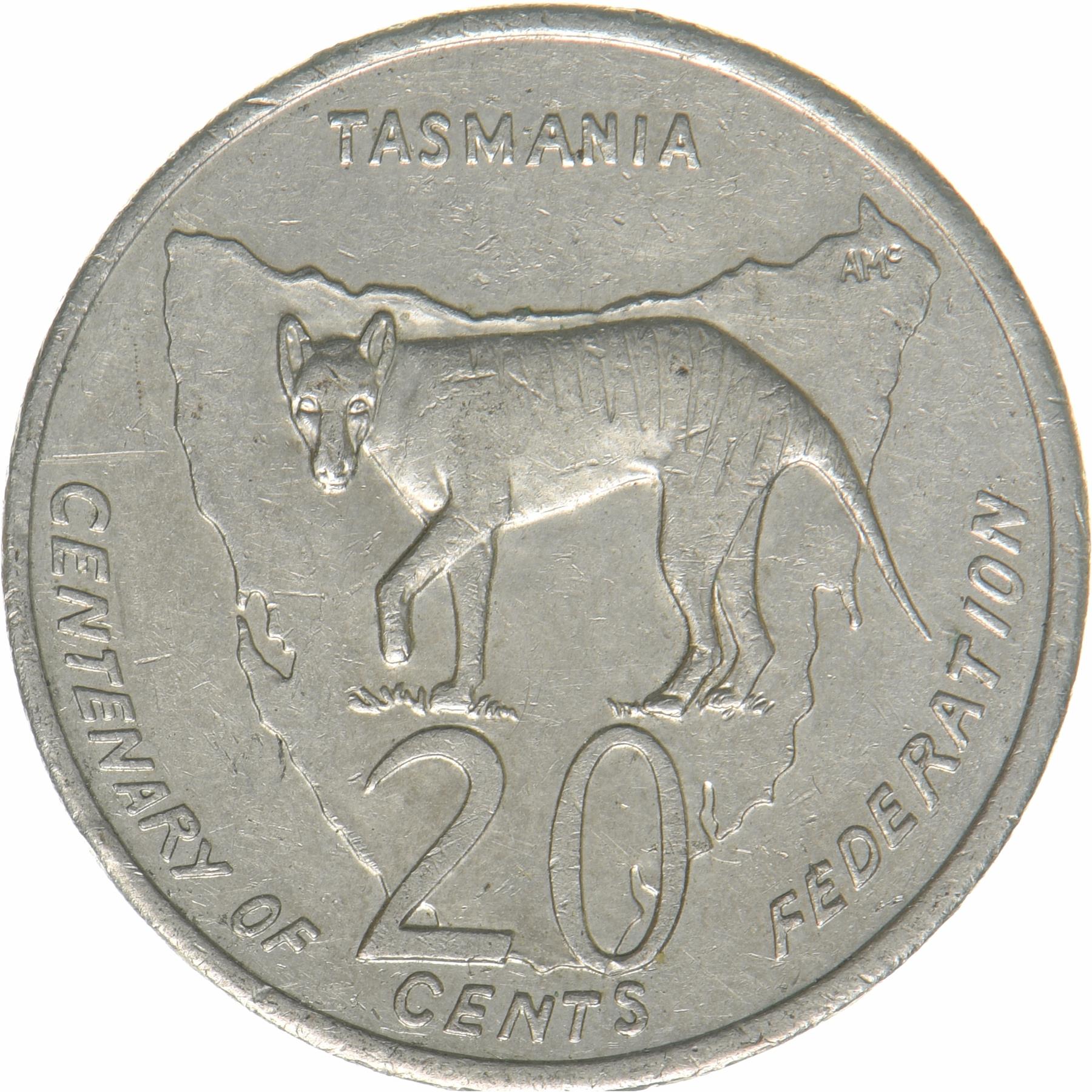 Australia | 20 Cents Coin | Tasmanian Tiger | KM:564 | 2001