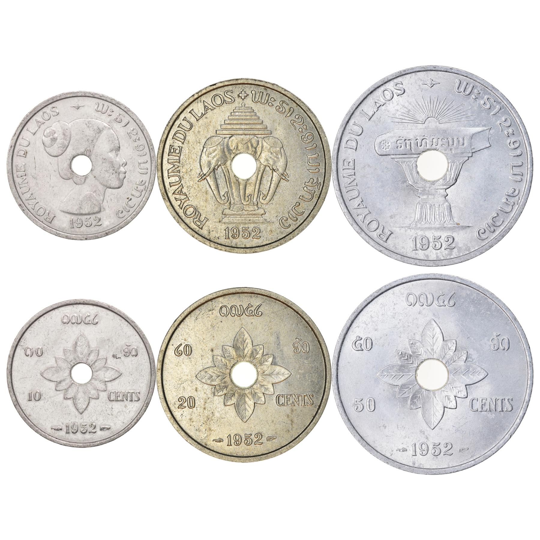 Laos | Sæt med 3 Mønter | 10 20 50 Cent | 1952