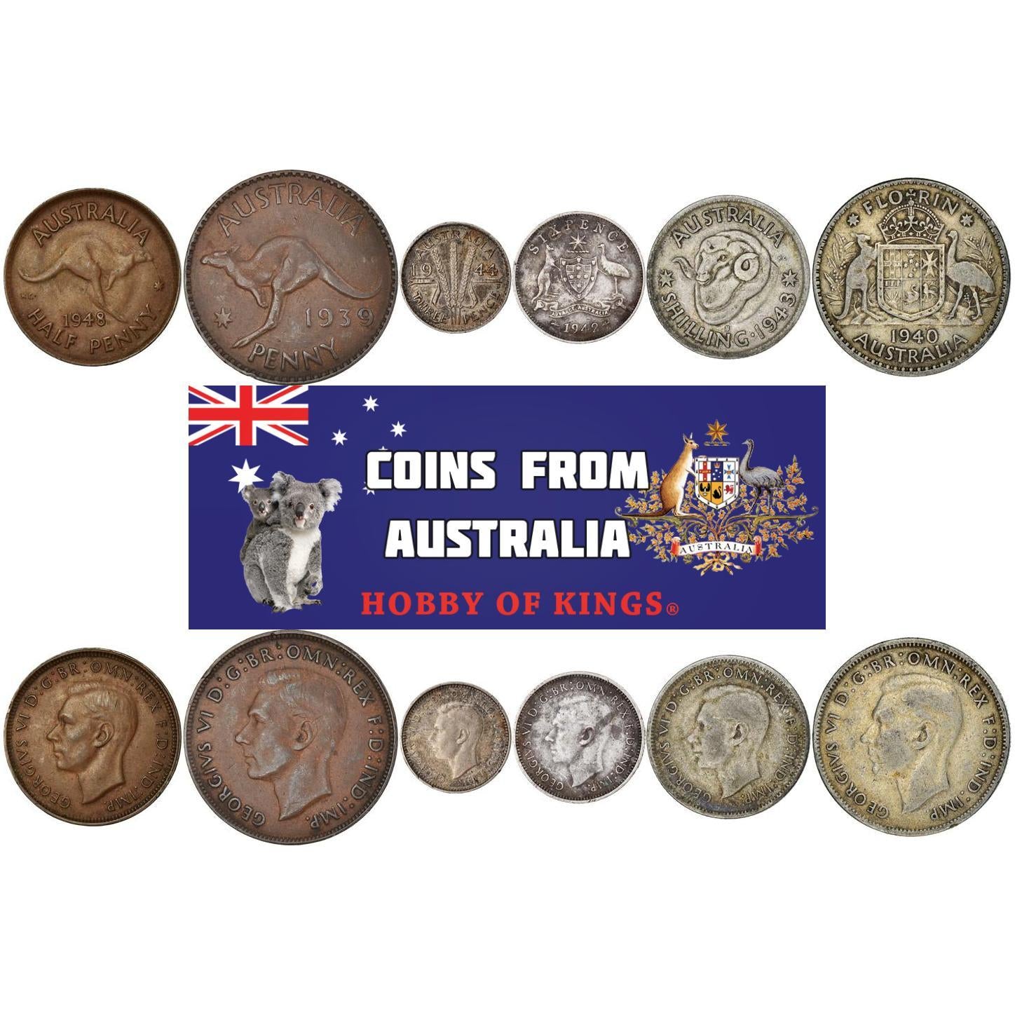 Australia | 6 Coin Set | 1/2 1 Penny 3 6 Pence 1 Shilling 1 Florin | 1938 - 1948