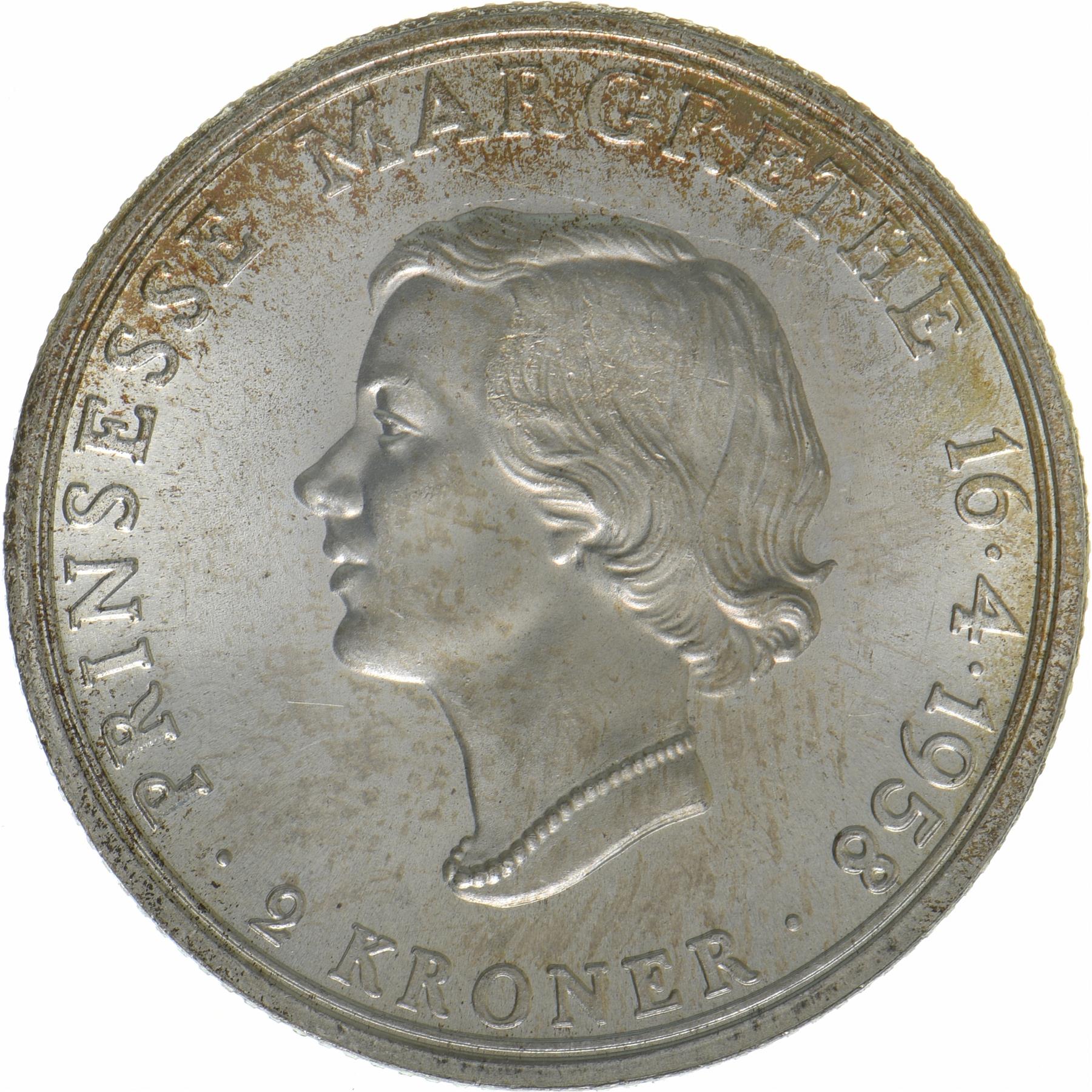 Denmark | 2 Kroner Coin | Silver | Princess Margrethe's 18th Birthday | KM:845 | 1958
