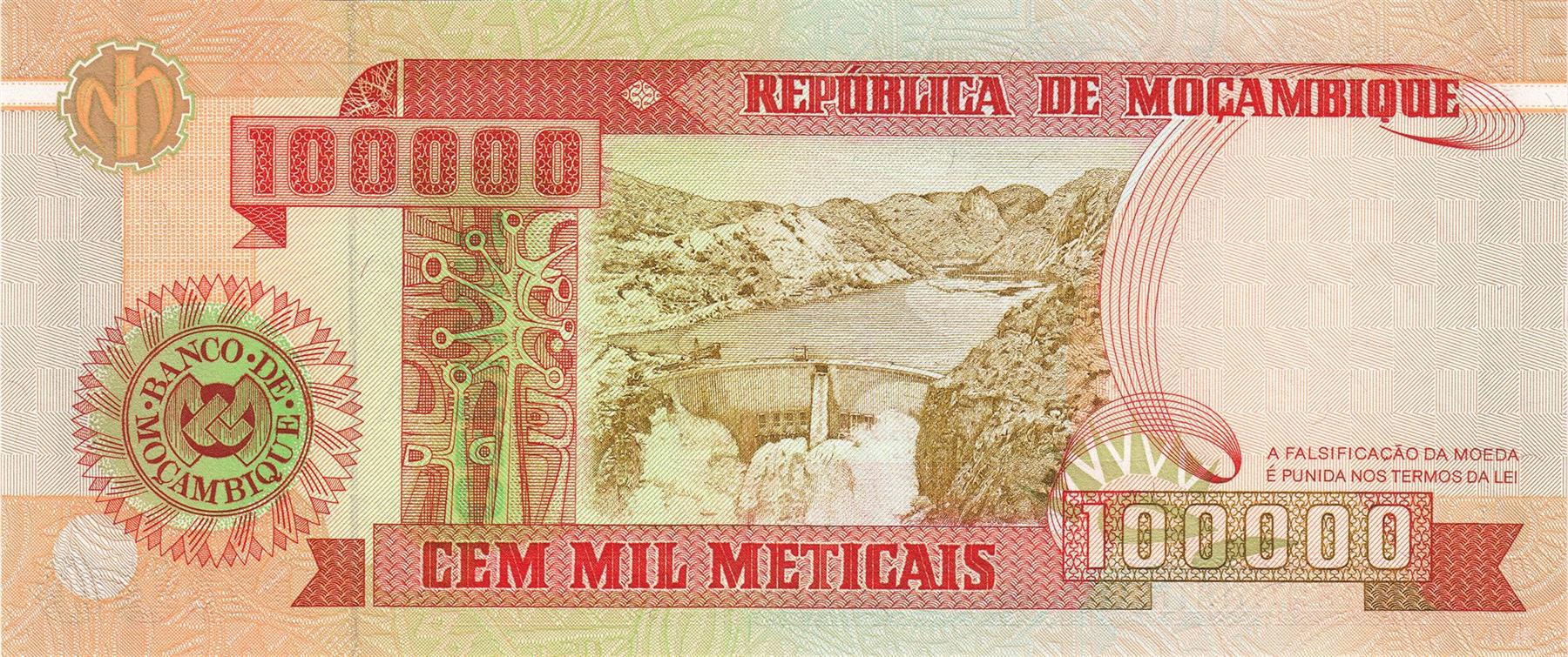 Mozambique | 100 000 Meticais Banknote | 1993 | Bank of Mozambique | Zambezi River | Dam
