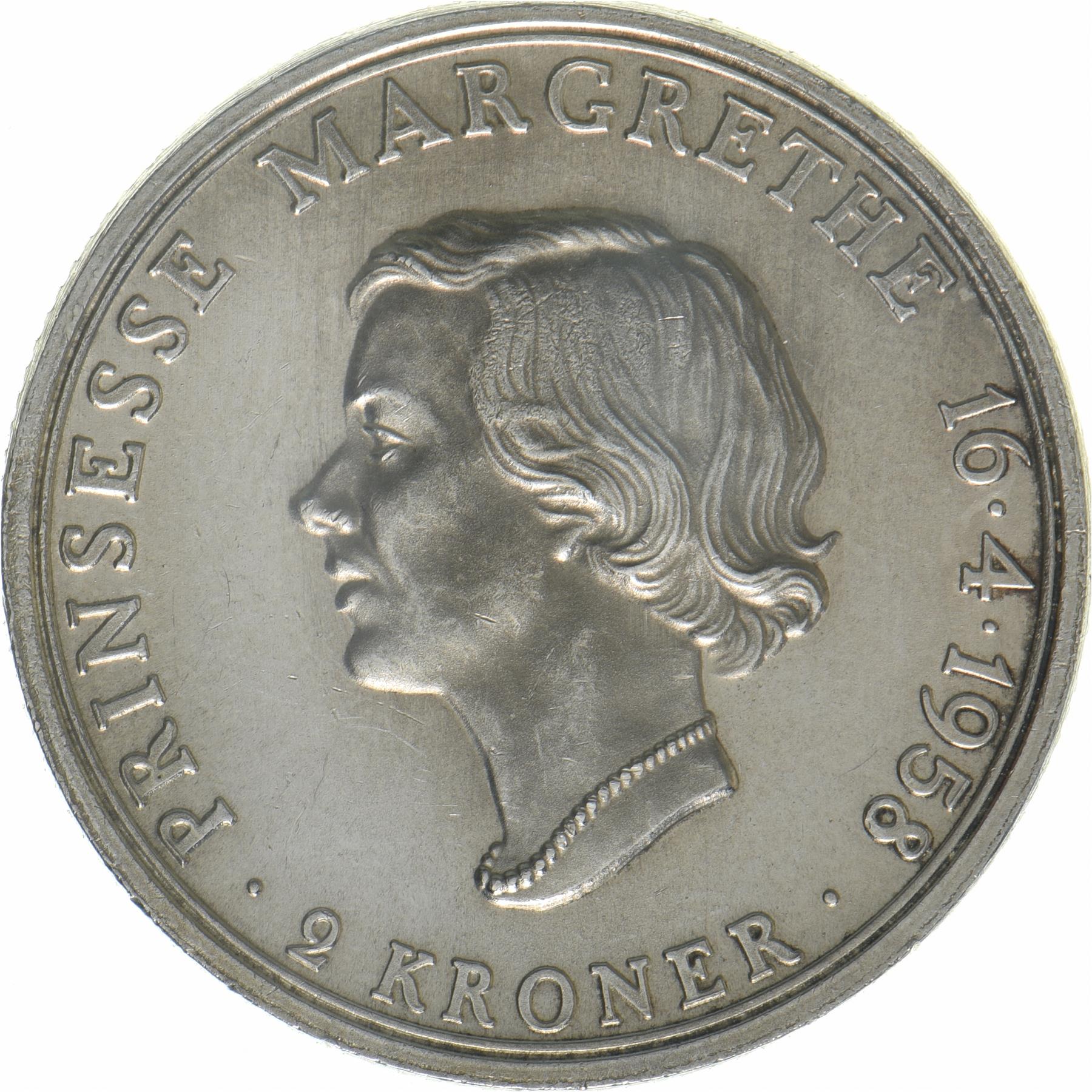 Denmark | 2 Kroner Coin | Silver | Princess Margrethe's 18th Birthday | KM:845 | 1958