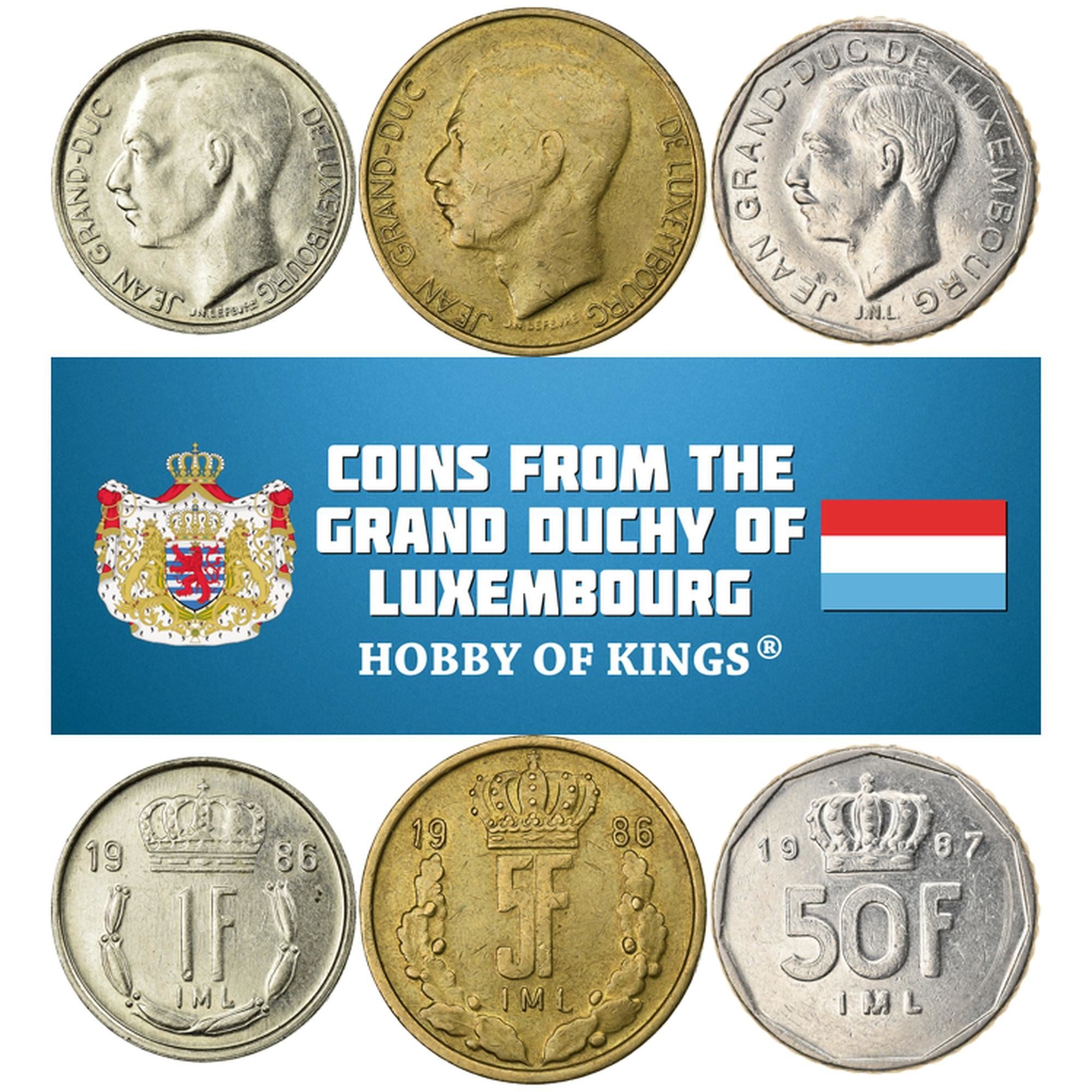Luxembourg | 3 Coin Set | 1 Franc 5 50 Francs | Wreath, Crown, Monarch | 1986 - 1989 | Copper-nickel, Aluminium-nickel bronze, Nickel