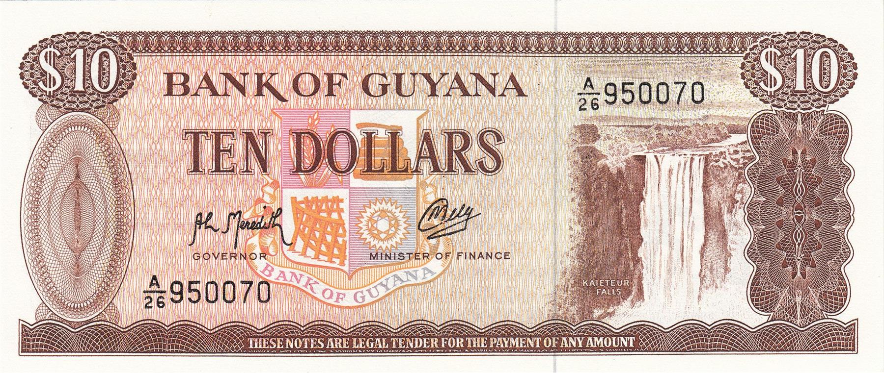 Guyana | 10 Dollars Banknote | 1966 - 1992 | Kaieteur Falls | Bauxite Mining | Aluminium Smeltery