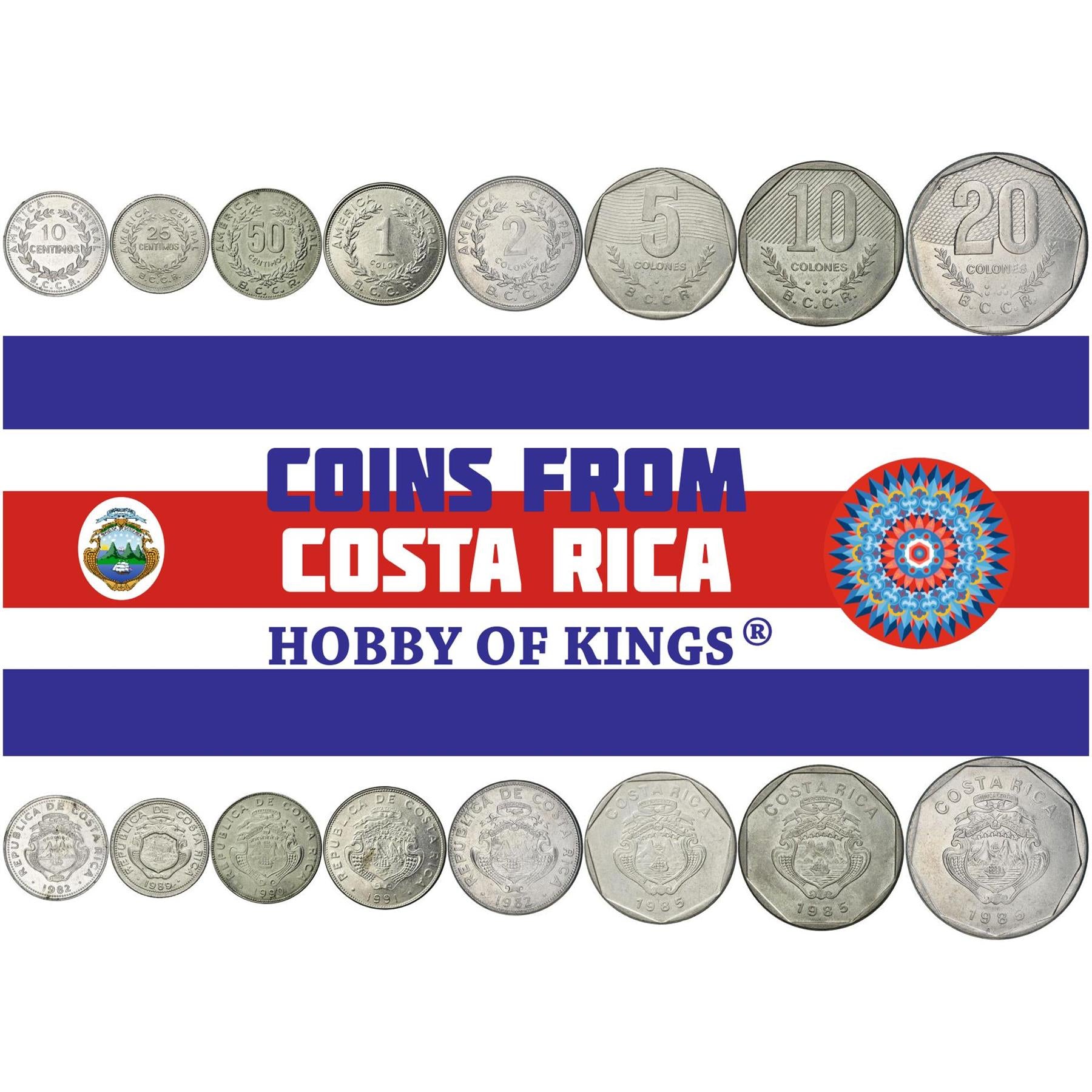 Costa Rican Tico 8 Coin Set 10 25 50 Céntimos 1 2 5 10 20 Colones | Laurel Wreath | Ship | Stars | Volcano | Coffee Branch | Ribbon | 1982 - 1994