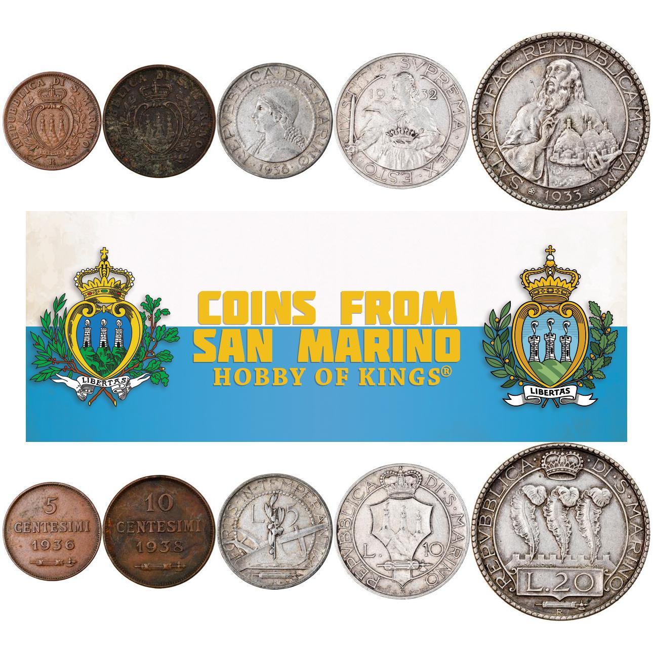 San Marino | 5 Coin Set | 5 10 Centesimi 5 10 20 Lire | 1931 - 1938