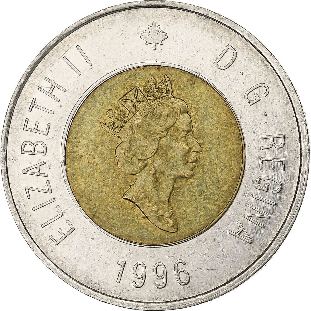 Canada | 2 Dollars Coin | Aluminium bronze center in nickel ring | 3rd portrait; Maple leaf logo | KM:270 | 1996-2003