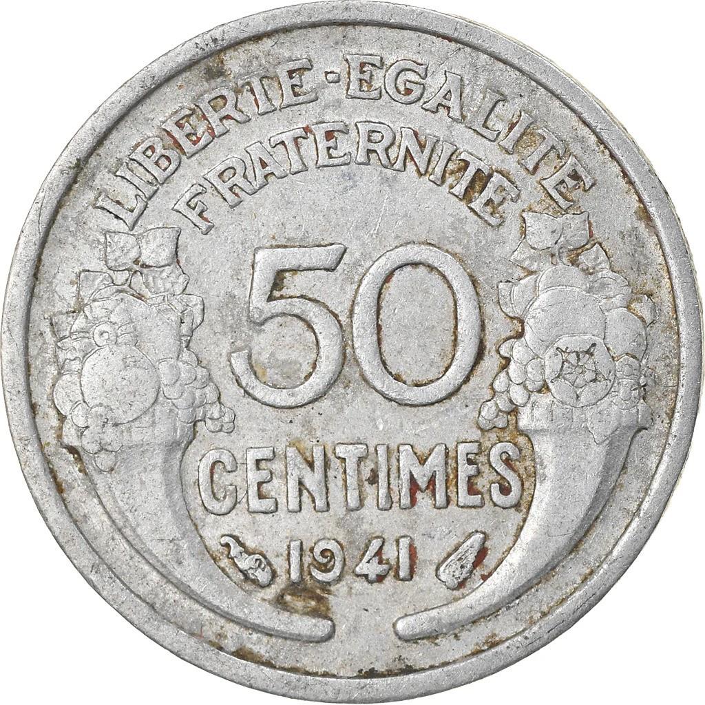 French 50 Centimes Coin | heavy type | KM894a | France | 1941 - 1947