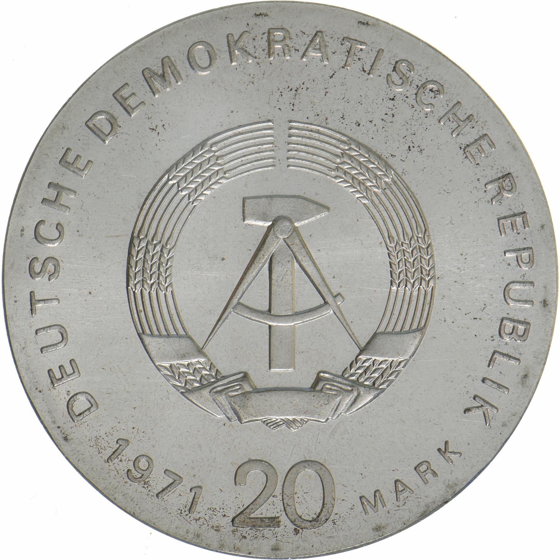 German Democratic Republic | 20 Mark Coin | Rosa Luxemburg | KM:32 | 1971