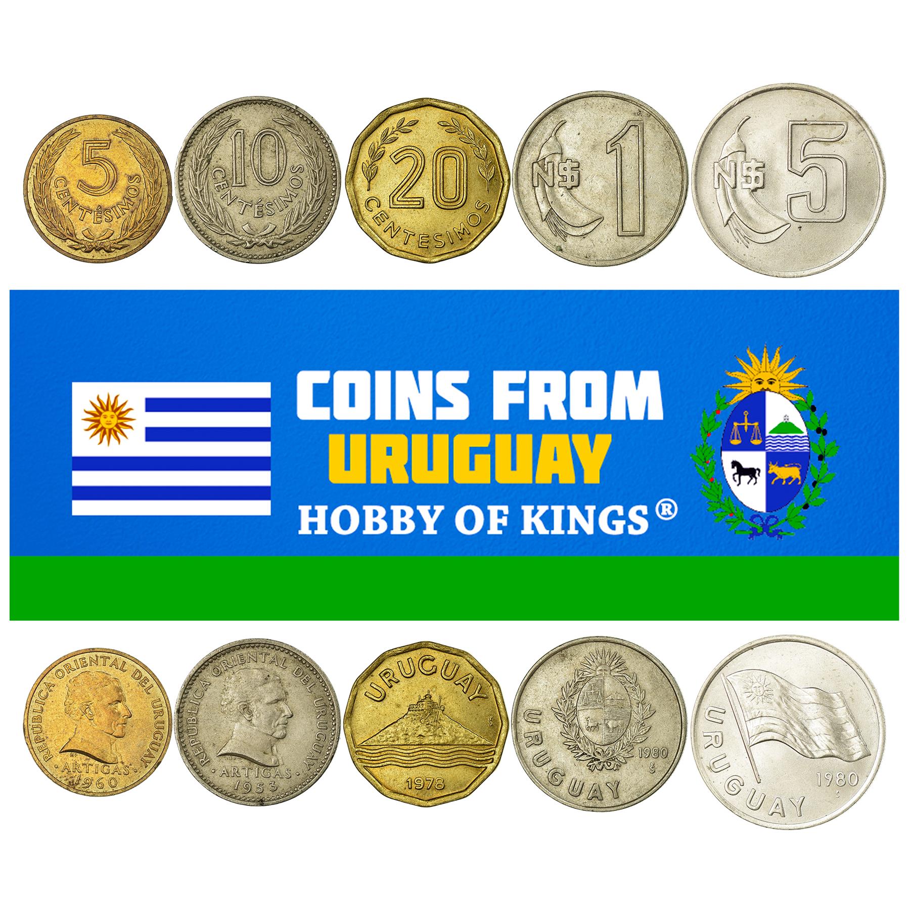 Hobby Of Kings Different Coins - Old Collectible Uruguayan Foreign Currency For Collecting Book - Unique Commemorative World Money Sets - Gifts For Collectors - Collection Of 5