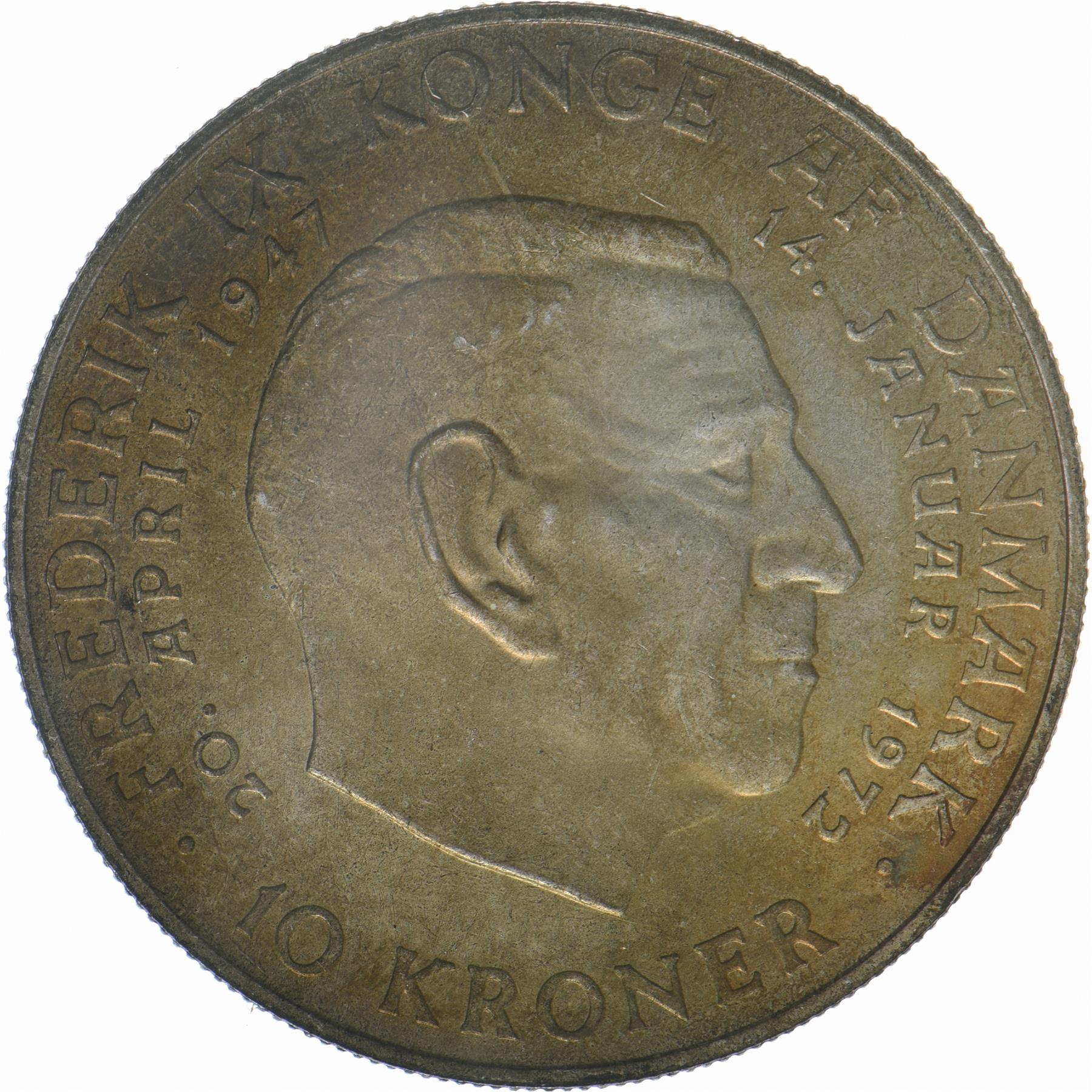 Denmark | 10 Kroner Coin | Silver | Death of Frederik IX and accession of Margrethe II | KM:858 | 1972