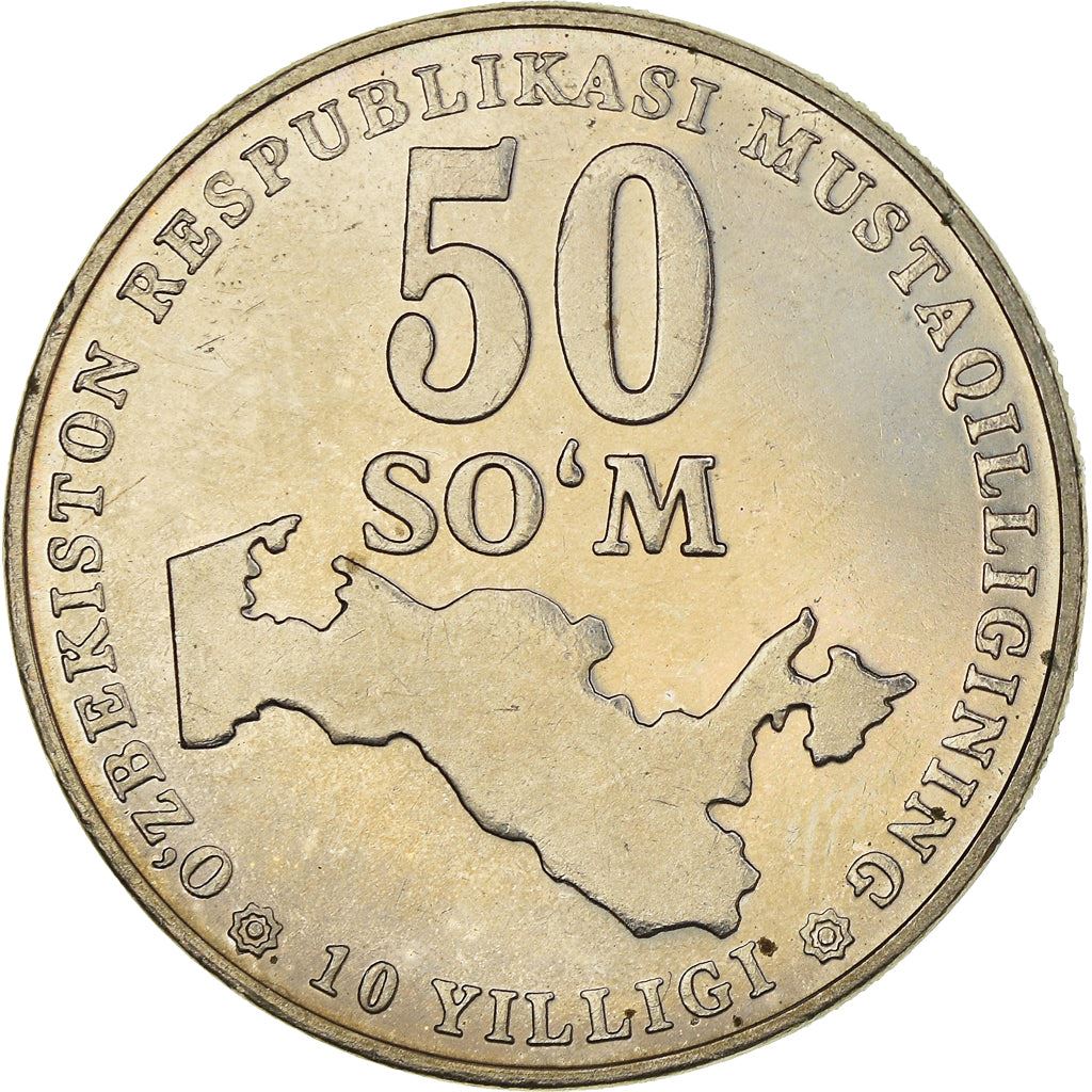 Uzbekistan | 50 SoʻM Coin | 10th Anniversary | Independence | Map of Uzbekistan | KM:15 | 2001