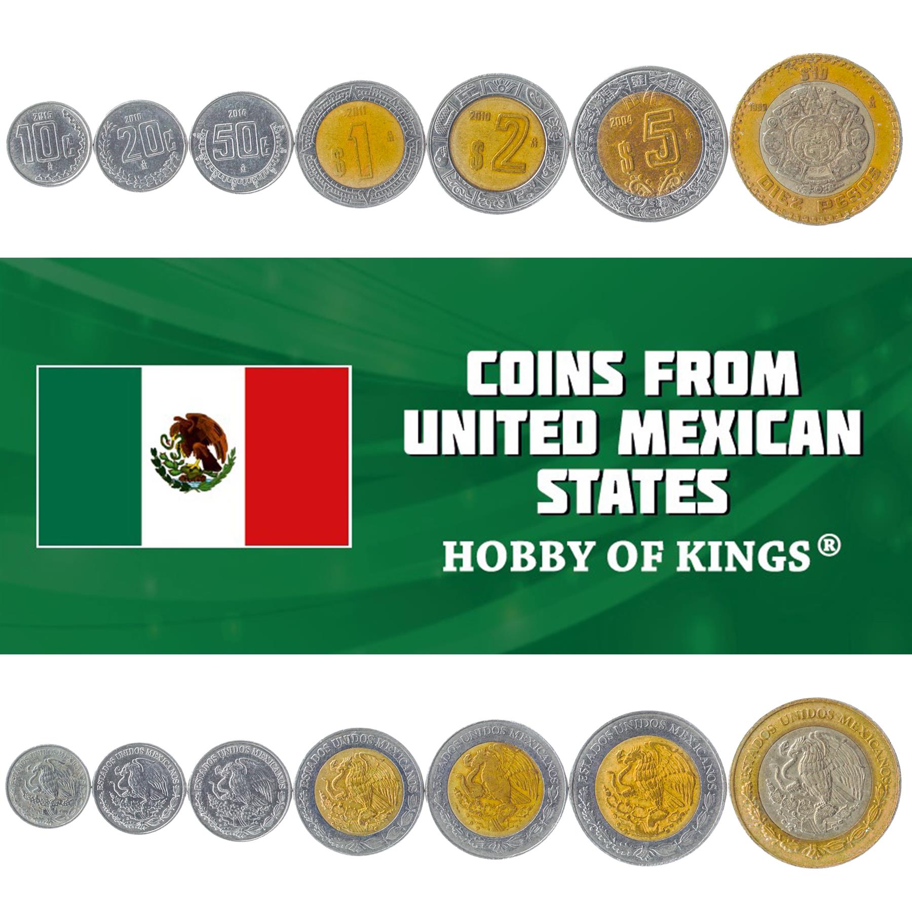 Mexico | 7 Coin Set | 10 20 50 Centavos 1 Peso 2 5 10 Pesos | 1996 - 2025