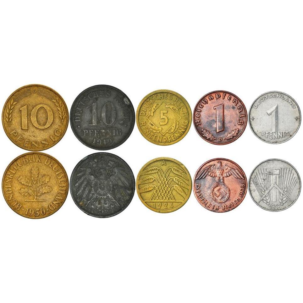 5 Mixed Coins | Federal Republic | East Germany | Third Reich | Weimar Republic | German Empire