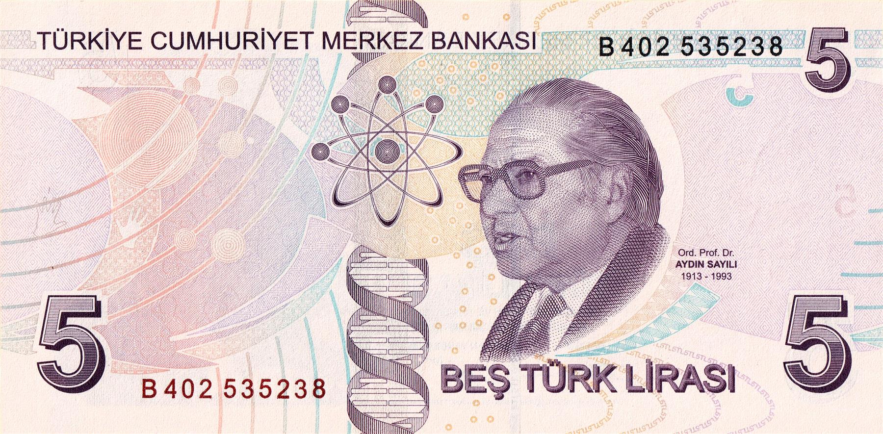 Turkey | 5 Lira Banknote | 2013 - 2024 | President Mustafa Kemal Atatürk | Aydın Sayılı | Solar System | Atom | Ancient Cave | DNA Helix
