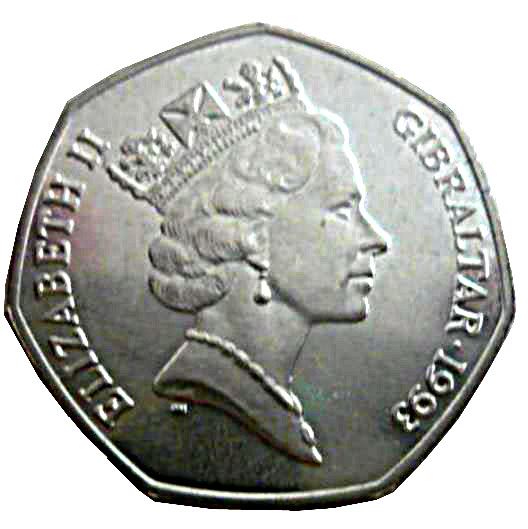 Gibraltar | 50 Pence Coin | Queen Elizabeth II | Christmas | KM190 | 1993