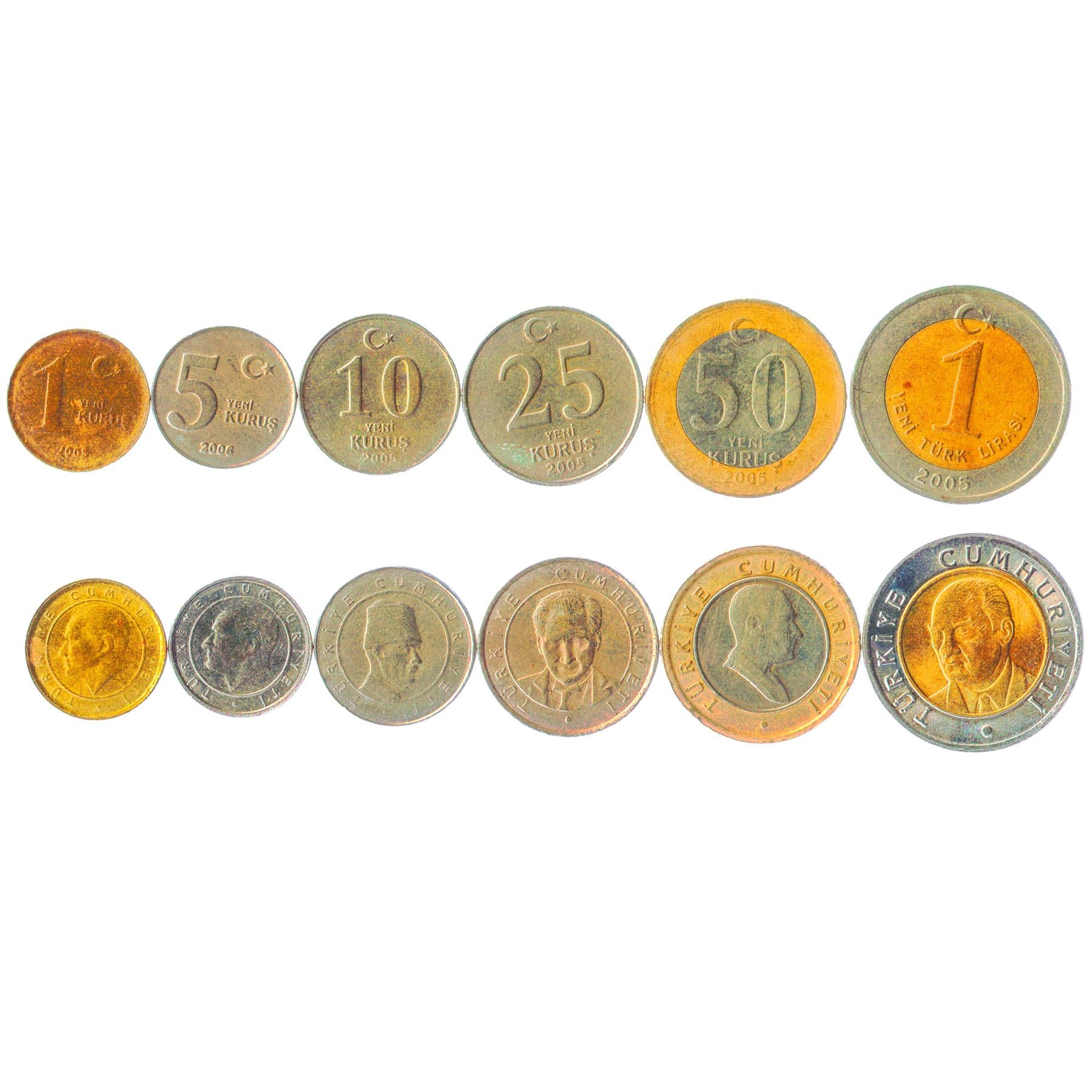 Turkey | 6 Coin Set | 1 Yeni 5 Yeni 10 Yeni 25 Yeni 50 Yeni Kurus 1 Yeni Lira | 2005 - 2009