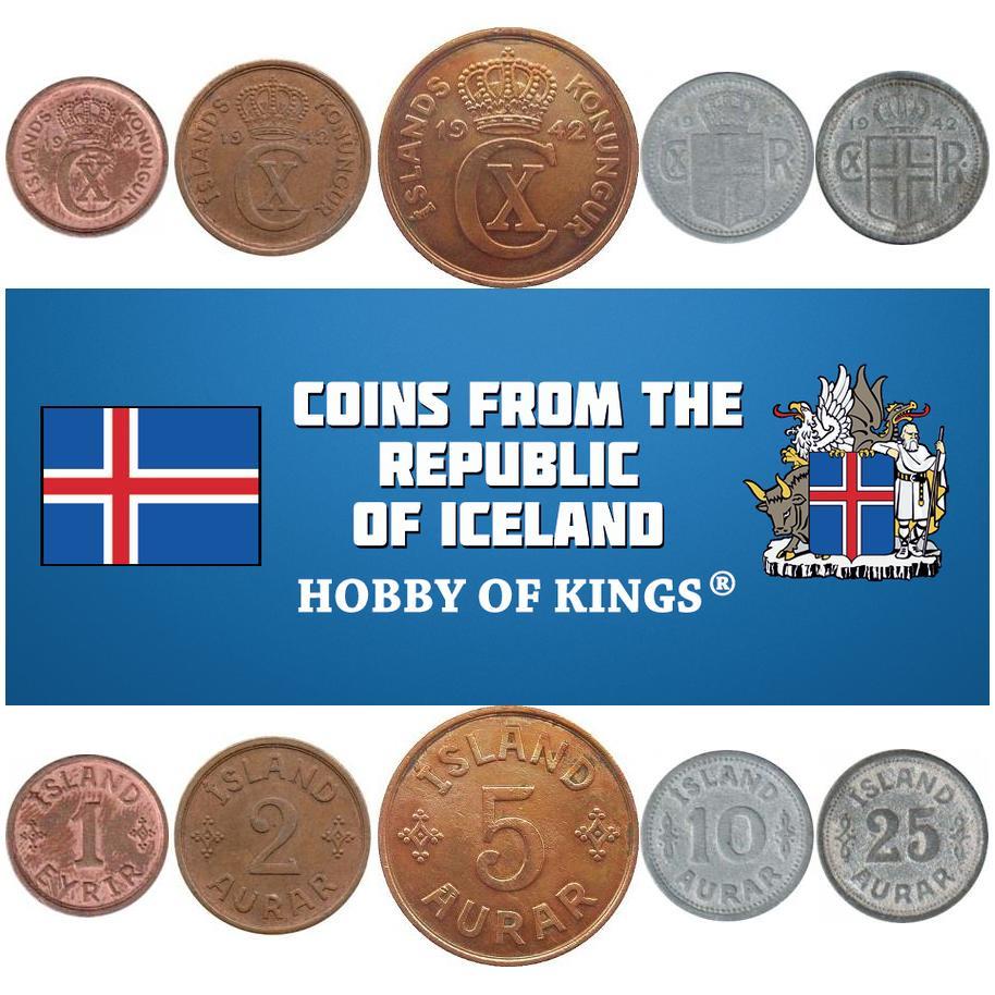 Icelander 5 Coin Set 1 Eyrir 2 5 10 25 Aurar  | 1942