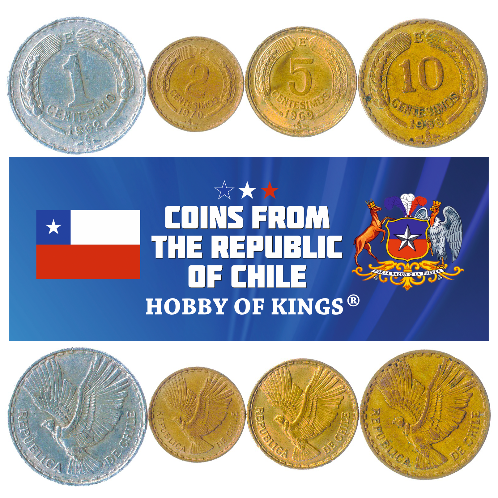 Chile 4 Coin Set 1 2 5 10 Centisimos | KM 192 193 191 193 | 1960 - 1970