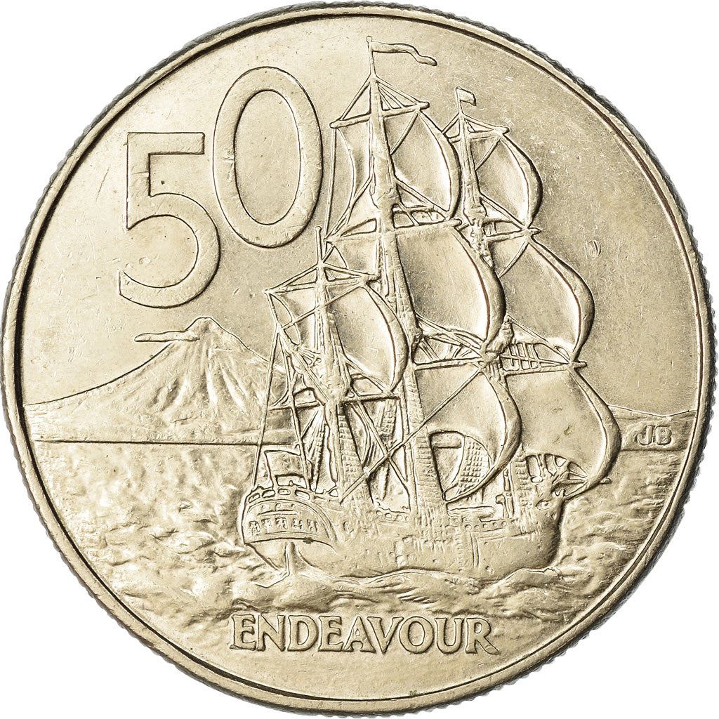 New Zealander 50 Cents Coin | Queen Elizabeth II | Captain James Cook | HMS Endeavour | KM63 | 1986 - 1998