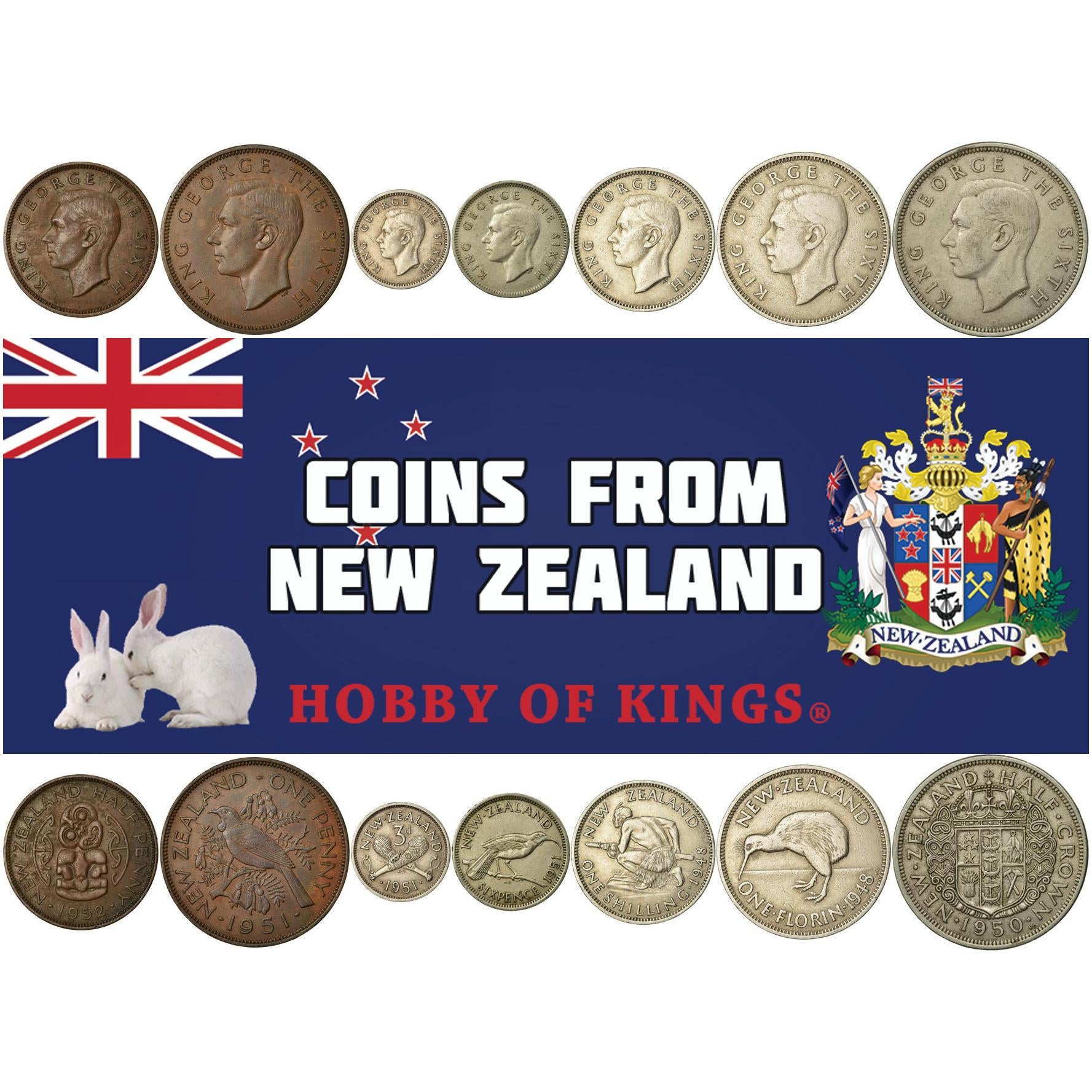 New Zealand | 7 Coin Set | 1/2 1 Penny 3 6 Pence 1 Shilling 1 Florin 1/2 Crown | 1948 - 1952