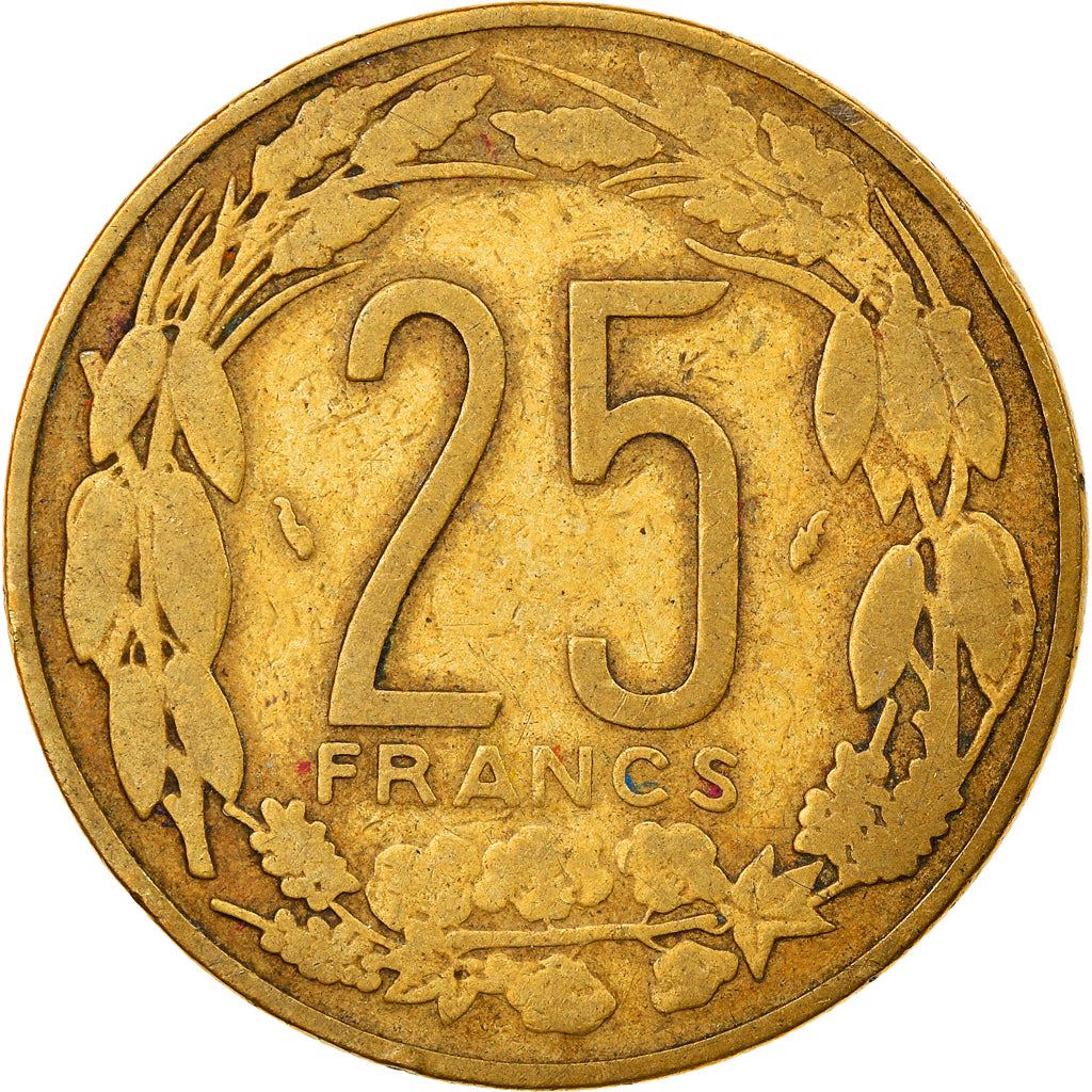 Central African States | 25 Francs Cfa Coin | Antelope | Crops | Km:10 | 1975 - 2003