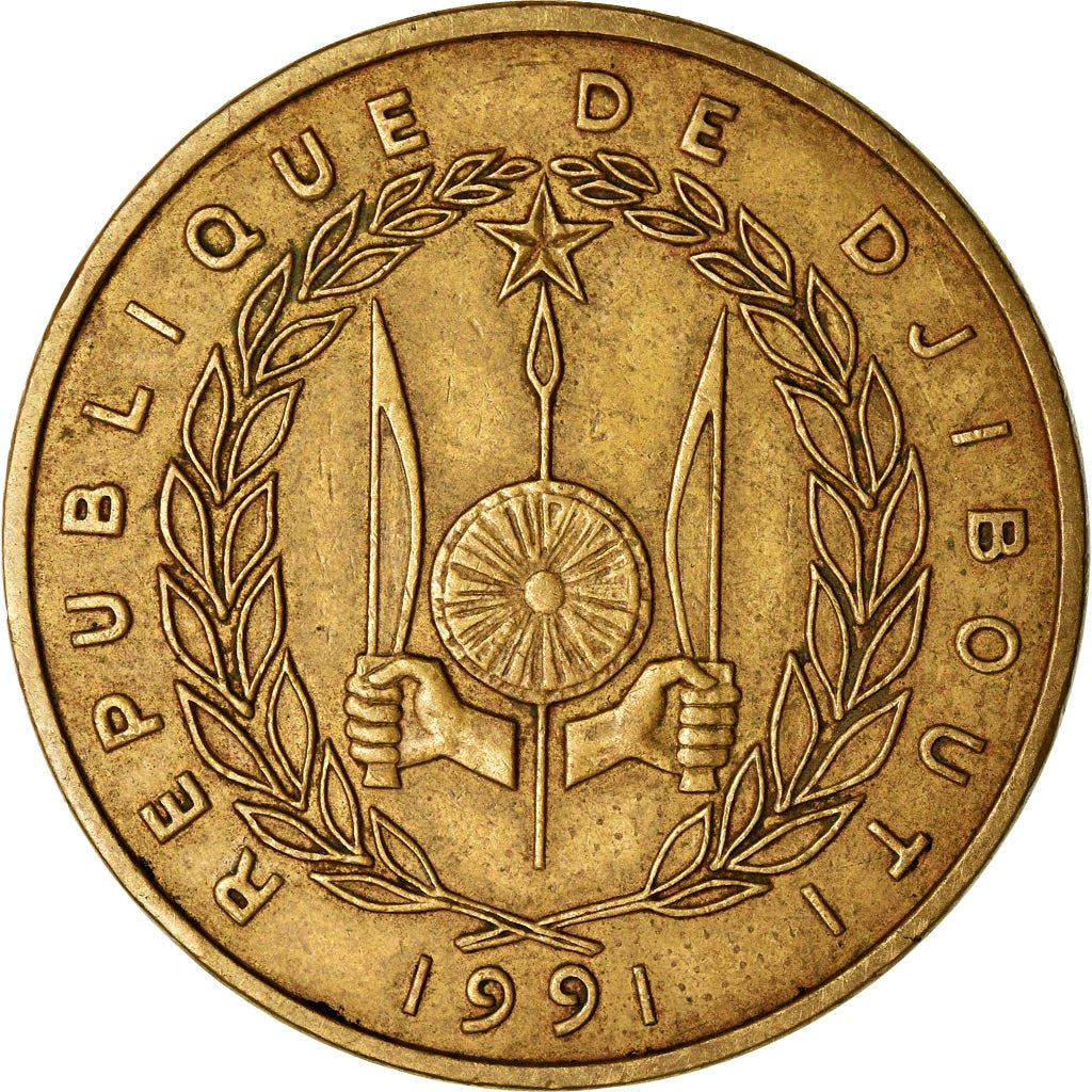 Djibouti | 500 Francs Coin | Knife | Spear | Shield | Laurel Wreath | Km:27 | 1989 - 2010