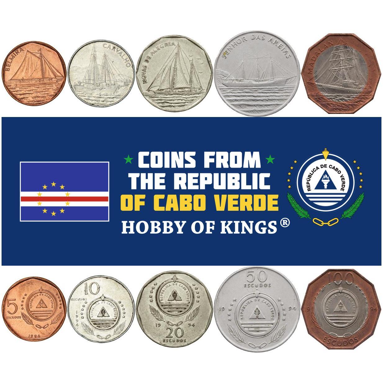 Cape Verde | 5 Coin Set | 5 10 20 50 100 Escudos | Ships | Sailing Boat | Belmira | Sailing Ship | Carvalho | Novas de Alegria | Senhor das Areias | Sailing Ship "Madalan" | Dark Ring | 1994