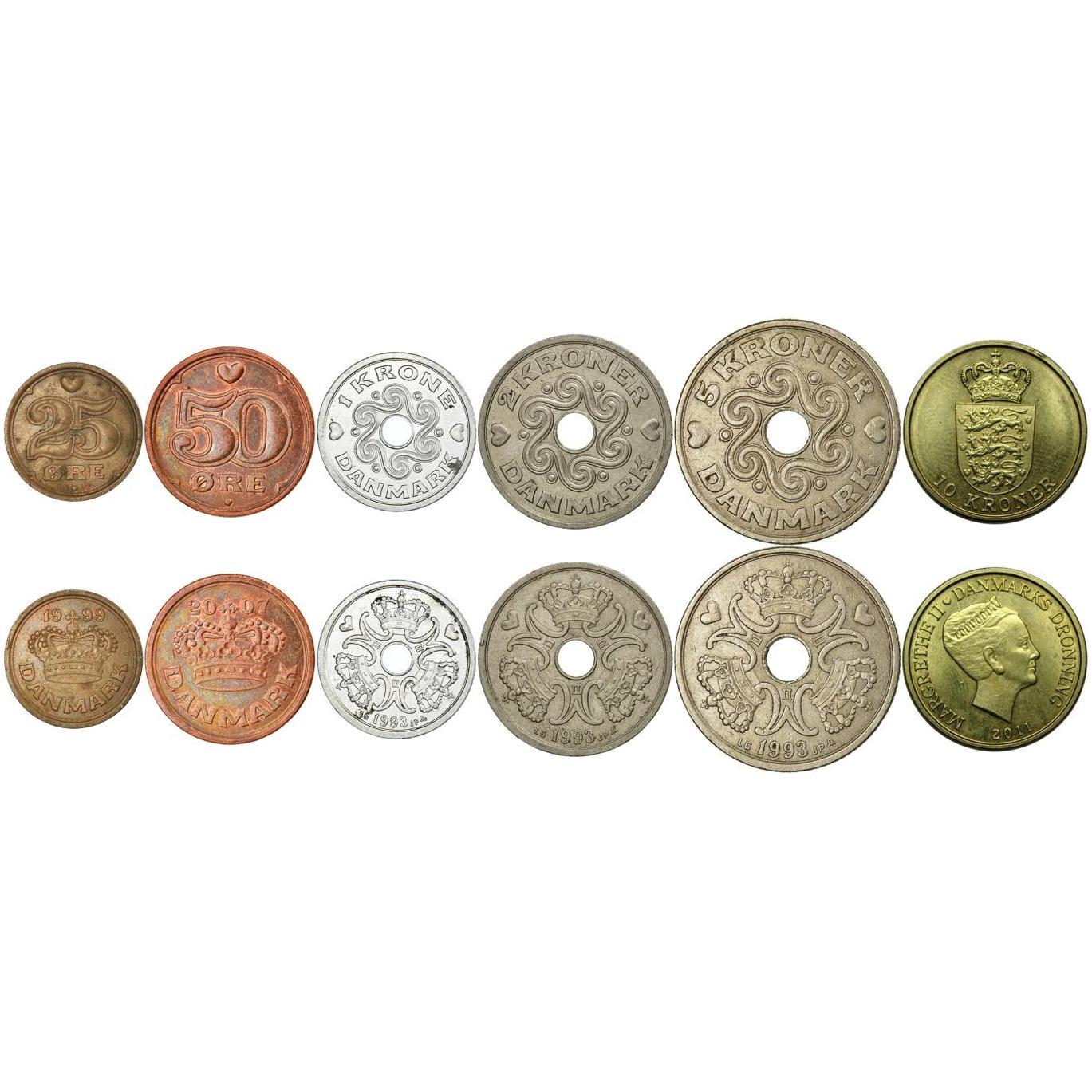 Denmark | 6 Coin Set | 25 50 Ore 1 Krone 2 5 10 Kroner | 1989 - 2021
