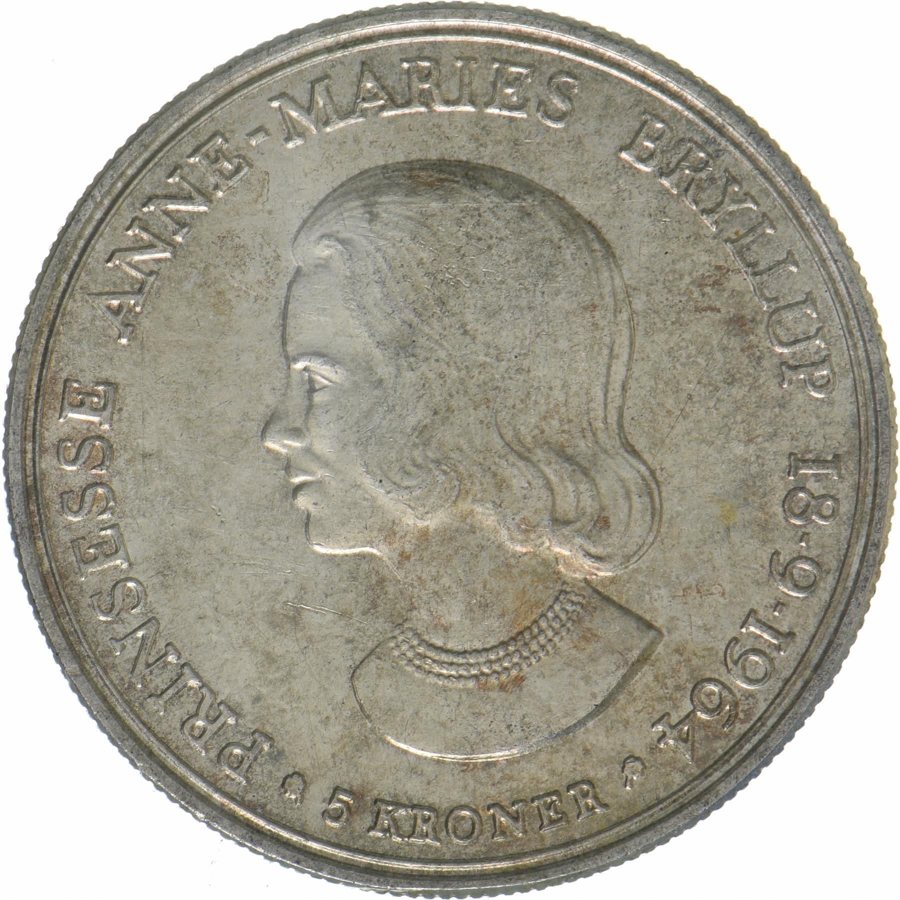 Denmark | 5 Kroner Coin | Silver | Wedding of Princess Anne Marie | KM:854 | 1964